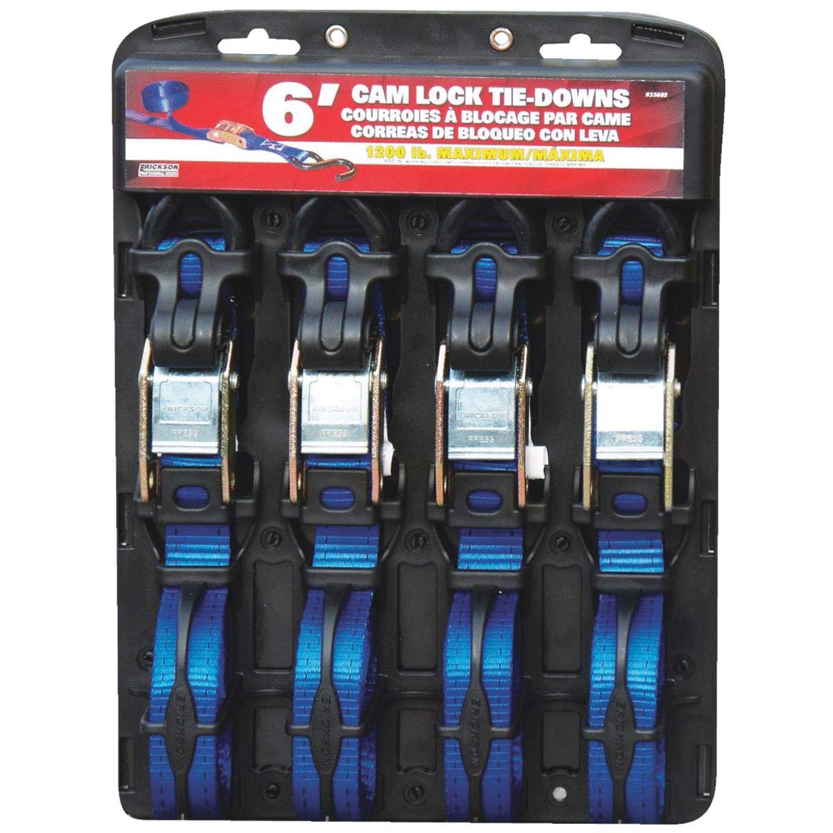 Light Duty Erickson Cam Lock Tie-Down Strap, 4 Pack (1" x 6', 1200 lb Load Capacity)