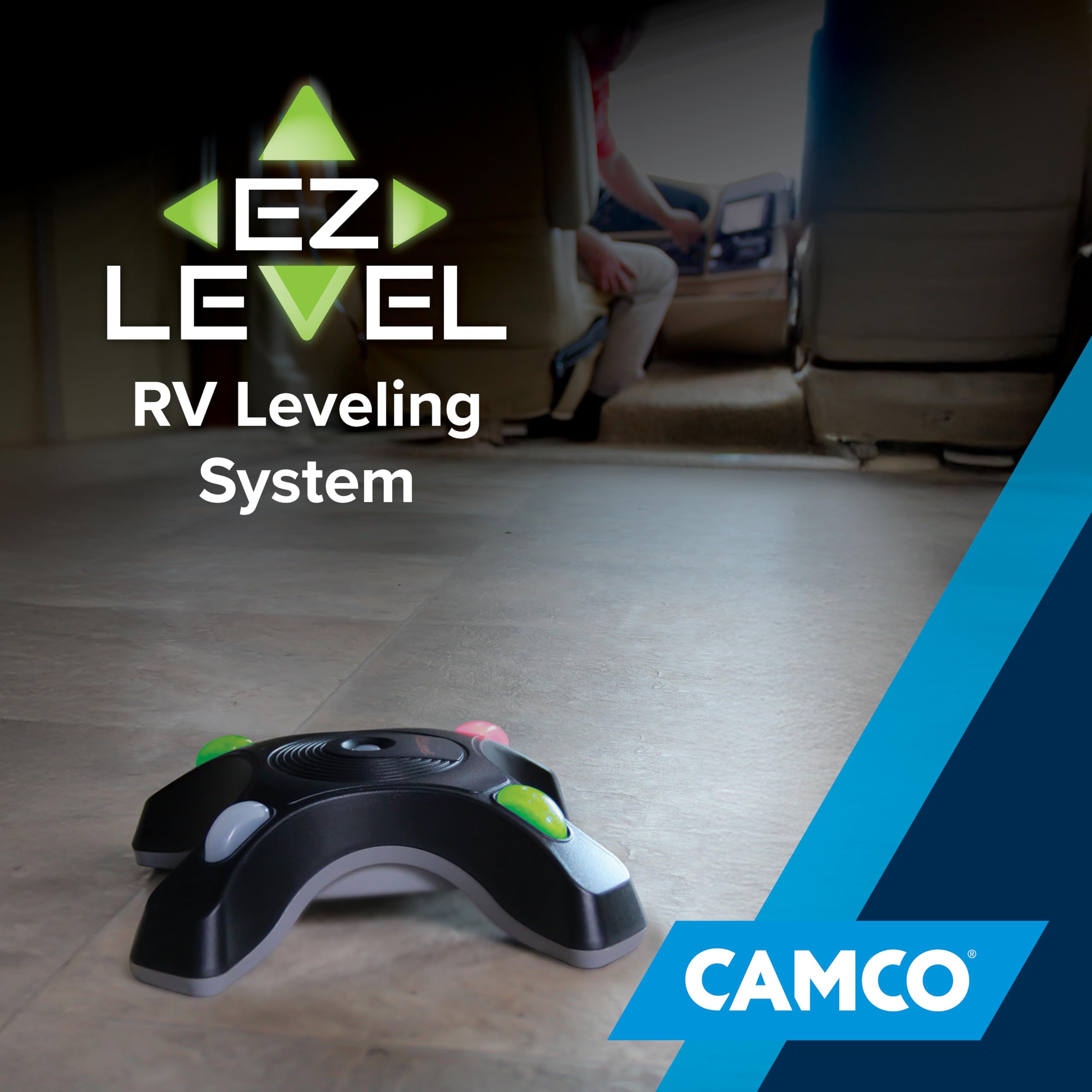 Camco EZ Level Camper - Easy RV Leveling System - Features Illuminated Indicator Lights & Automatic Shut-Off Function when Not In-Use - Includes Pre-Installed On/Off Switch (25505)