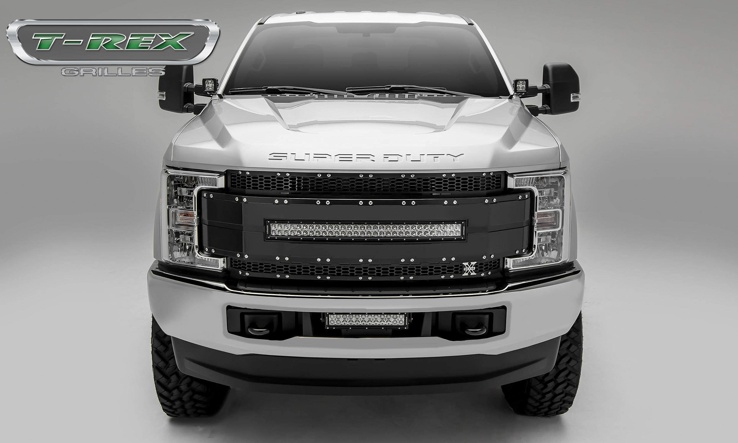 T-Rex Grilles Torch AL Grille, 2017-2019 Super Duty Black Mesh and Trim, 1 Pc, Replacement, Chrome Studs with (1) 30" LED, Does Not Fit Vehicles with Camera - PN #6315481