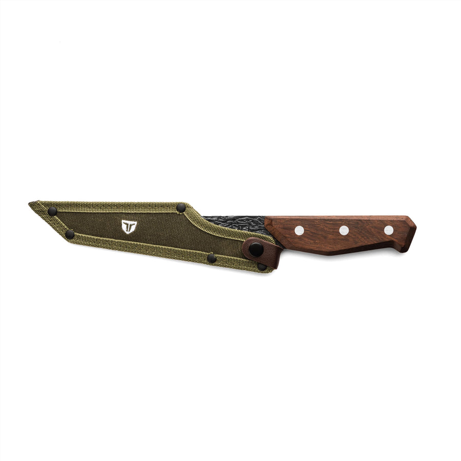 PrimalForge TRUE Tanto Slicer Knife | Cutlery Knife, All-Purpose, Precision Carving Cutting & Boning, 5Cr15MoV Stainless Steel, Wood Handle, Water-Resistant, Hand Forged Appearance
