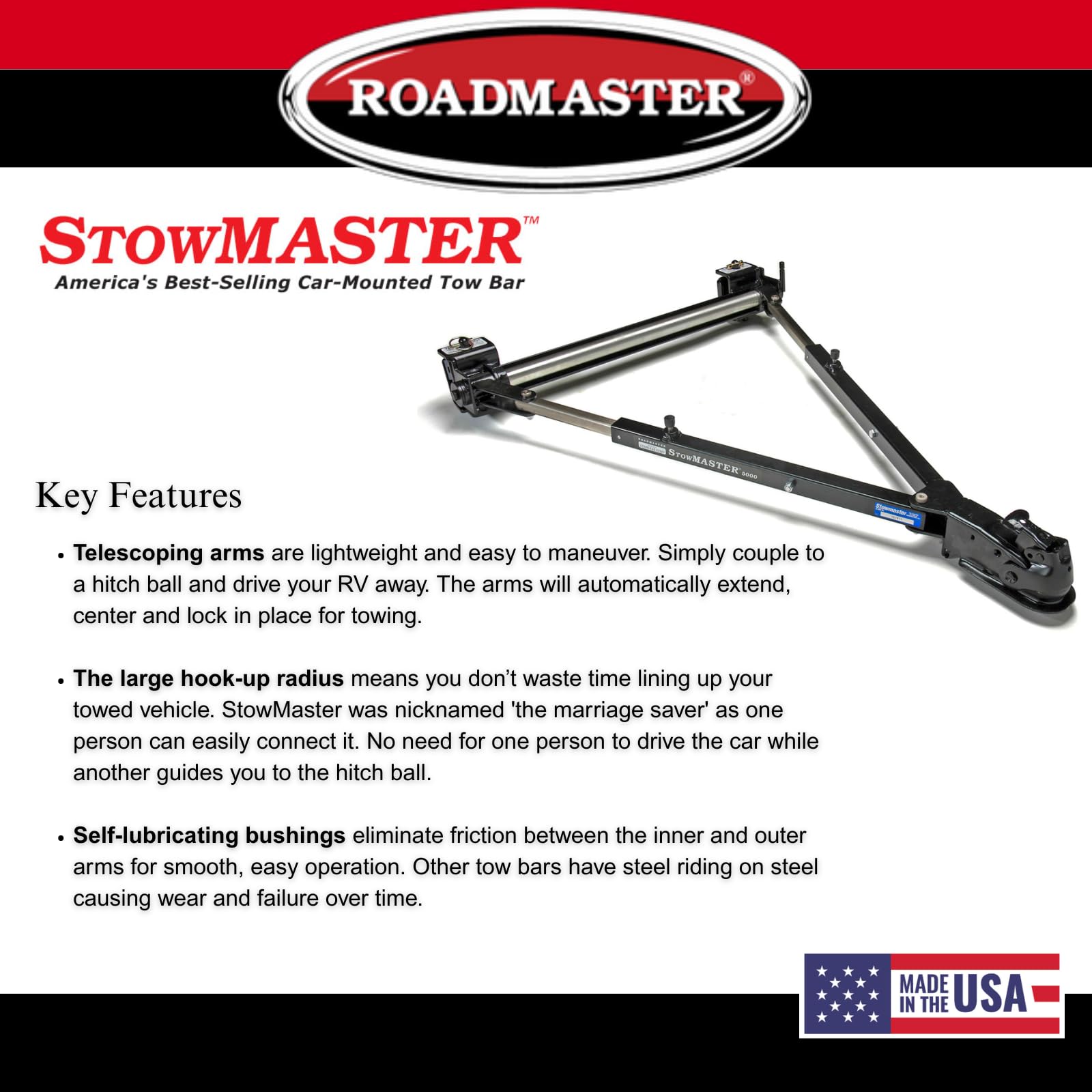 Stowmaster Roadmaster 501 Tow Bar with 2" Coupler fits Baseplates | Hauls Up to 6,000 lbs | Large Hook-Up Radius | Powder-Coated Finish | Self-lubricating Bushings