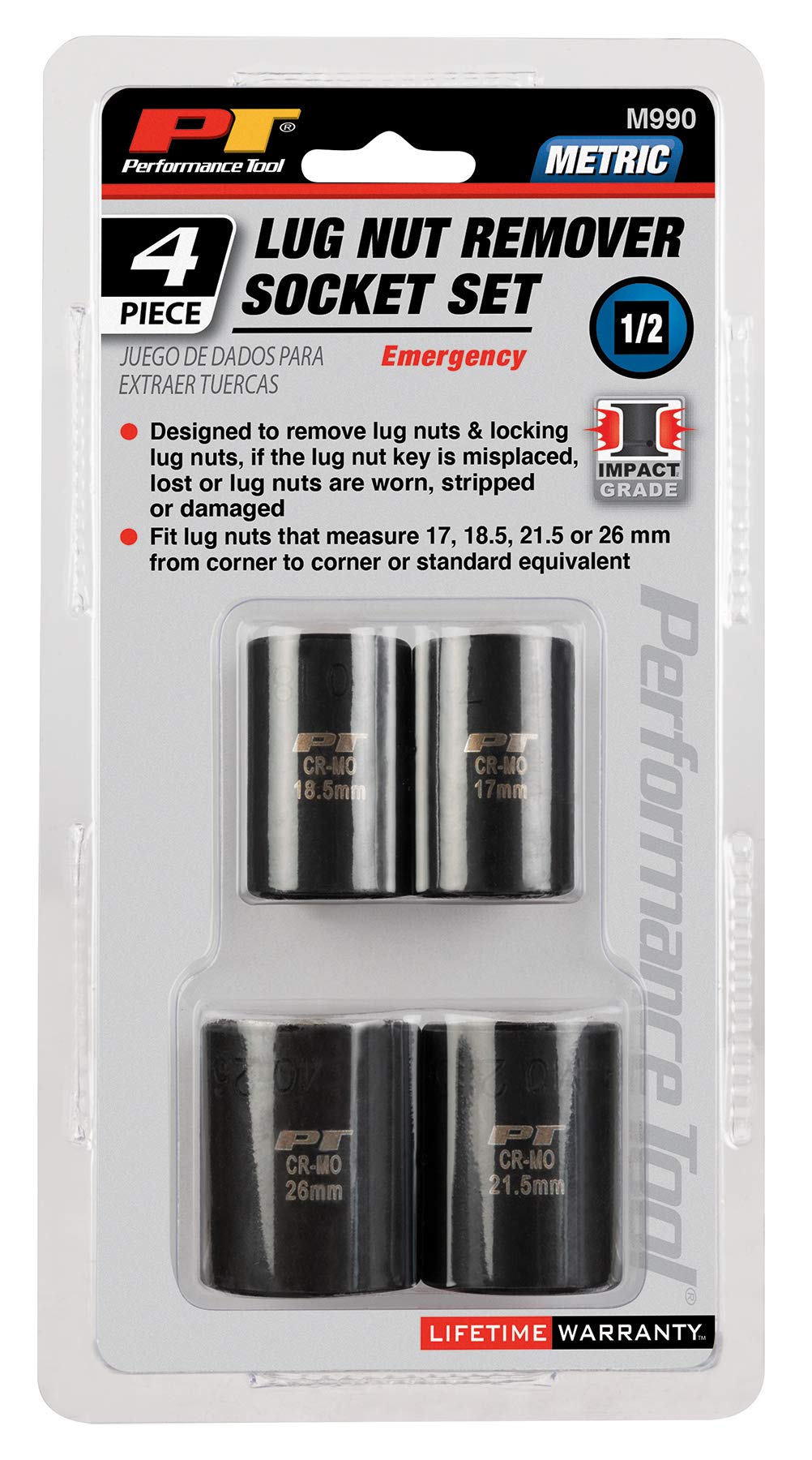 Heavy Duty Performance Tool M990 Impact Socket Set for Lug Nut Removal - Fits 17mm to 26mm, CrMo Steel, Oil Resistant Finish, 1/2-Inch Drive