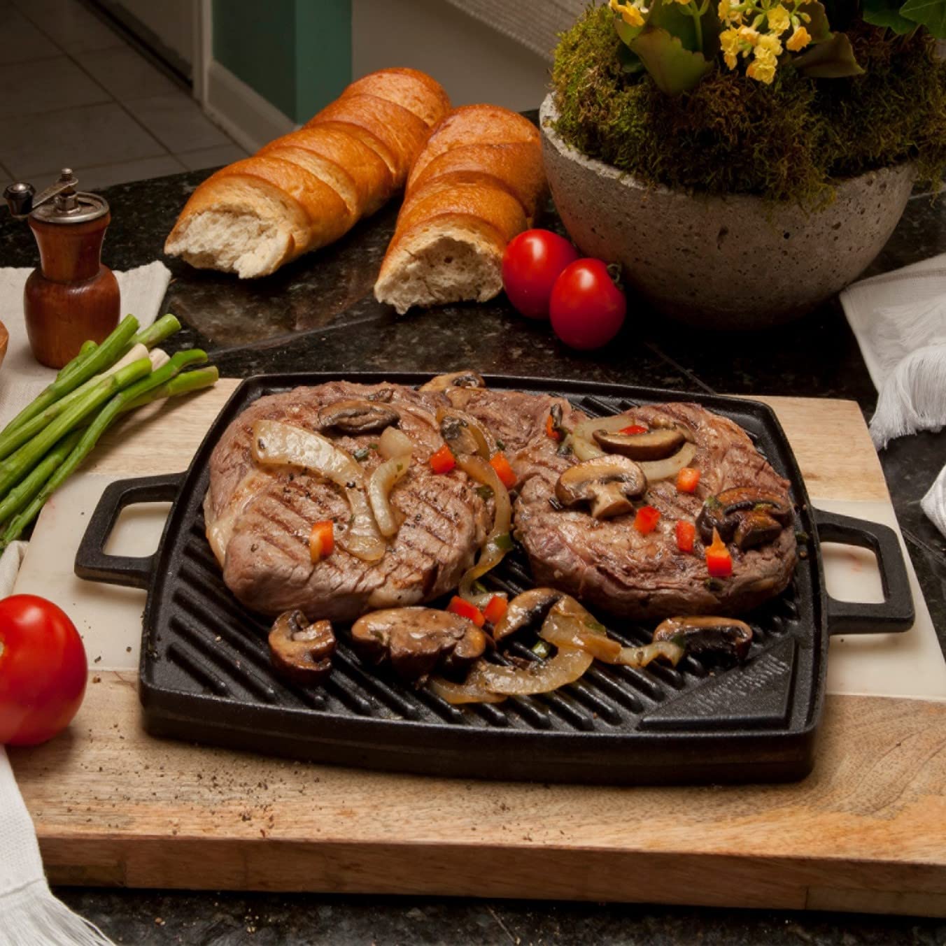 14-in Bayou Classic Cast Iron Reversible Square Griddle Features Flat Side and Ribbed Grill Side Perfect For Large Batch Breakfast Burgers and Grilled Sandwiches Steaks and Chicken
