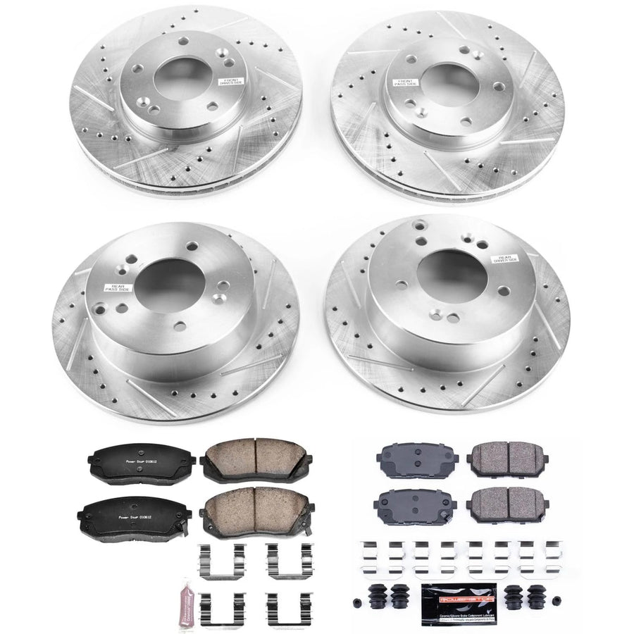 Power Stop K5852 Z23 Carbon Fiber Brake Pads Front and Rear with Drilled & Slotted Brake Rotors Kit For Kia Rondo 2007-2010 [Vehicle Specific]