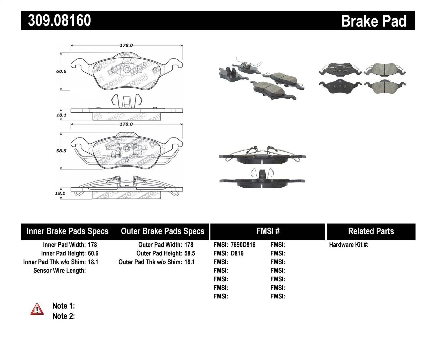 Sport Brake Pads StopTech 309.08160 with Shims and Hardware