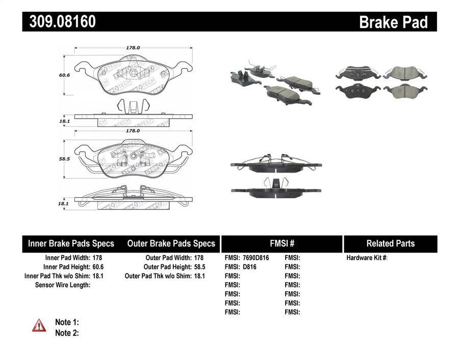 Sport Brake Pads StopTech 309.08160 with Shims and Hardware