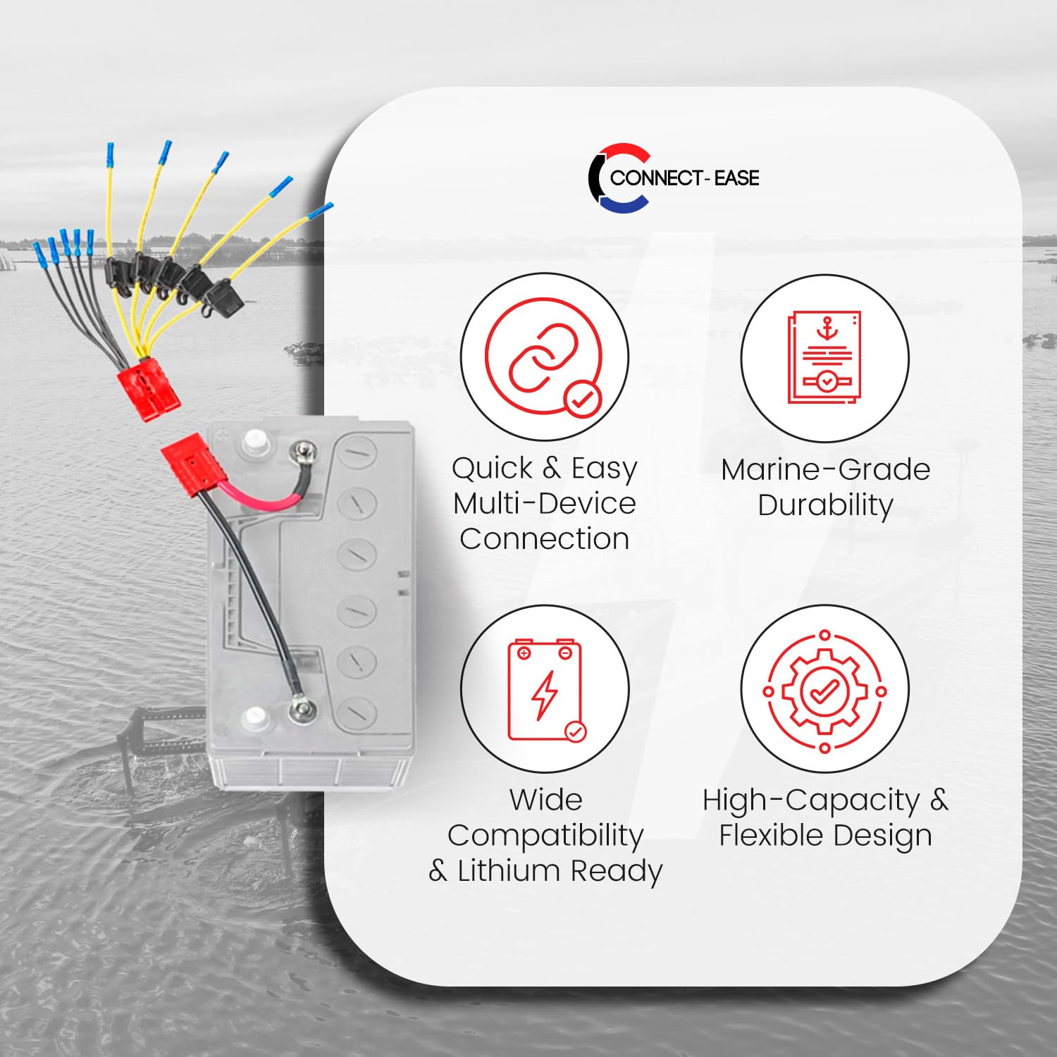 12V Connect-Ease Battery Connector Kit CE12VB5FK | Easy 5-Lead Fused System for Any Marine Electronics | Power Depth Finders, GPS Units, Pumps & More | Marine-Grade UL1426 Wire | Battery NOT Included