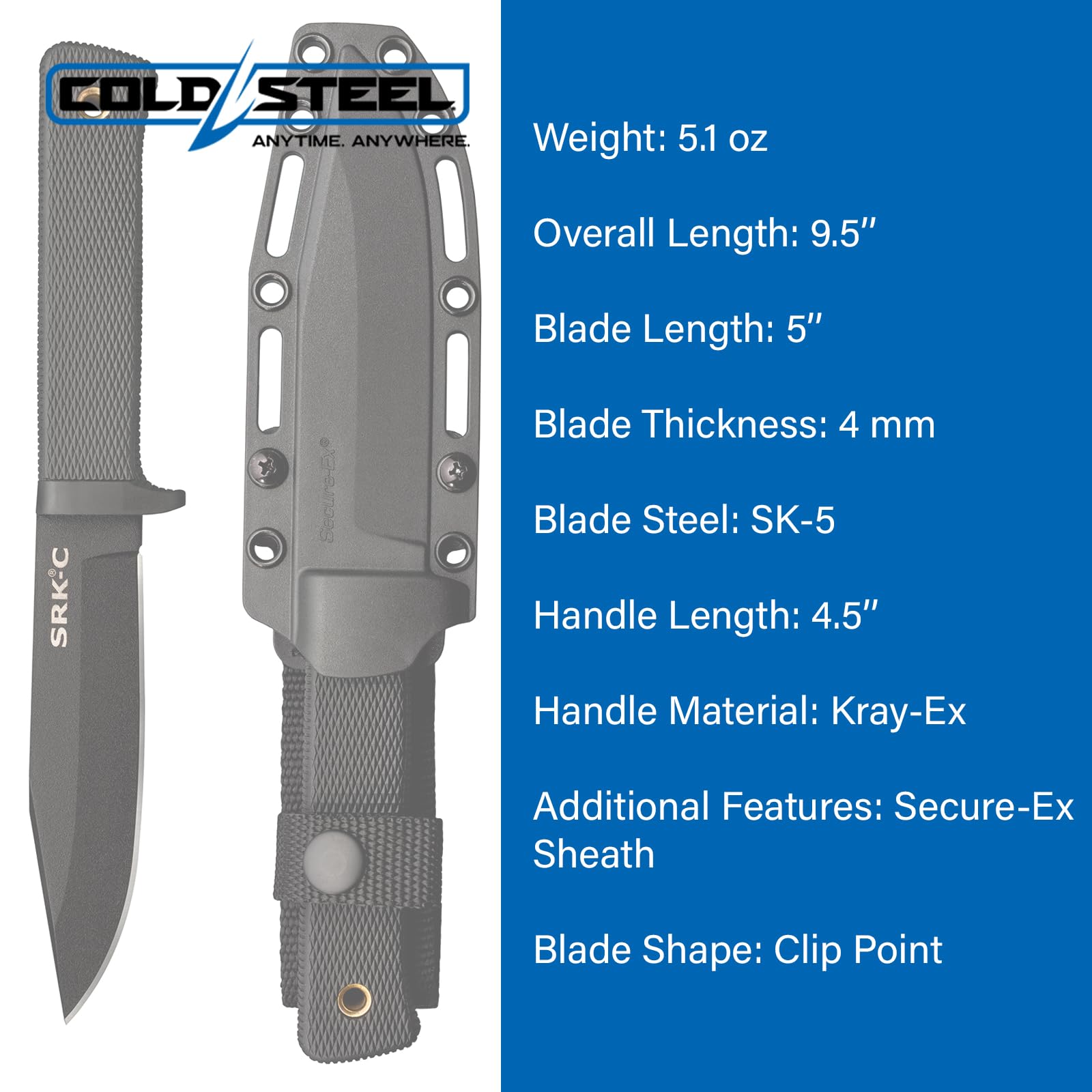SRK COLD STEEL Compact 5" SK-5 Clip Point Razor-Sharp Blade 4.5" Durable Kray-Ex Handle Tactical Fixed Blade Knife w/Secure-Ex Sheath