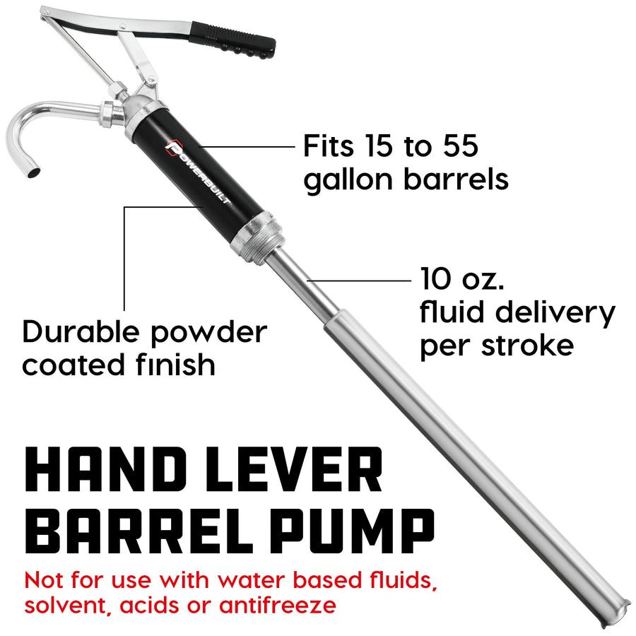 Powerbuilt Level Action Heavy Duty Barrel Pump, Drum Pump with Telescoping Suction Tube Fits 15 to 55 Gallon Drums, For Transferring Motor Oil, Heating Oil, Transmission Fluid- 648770
