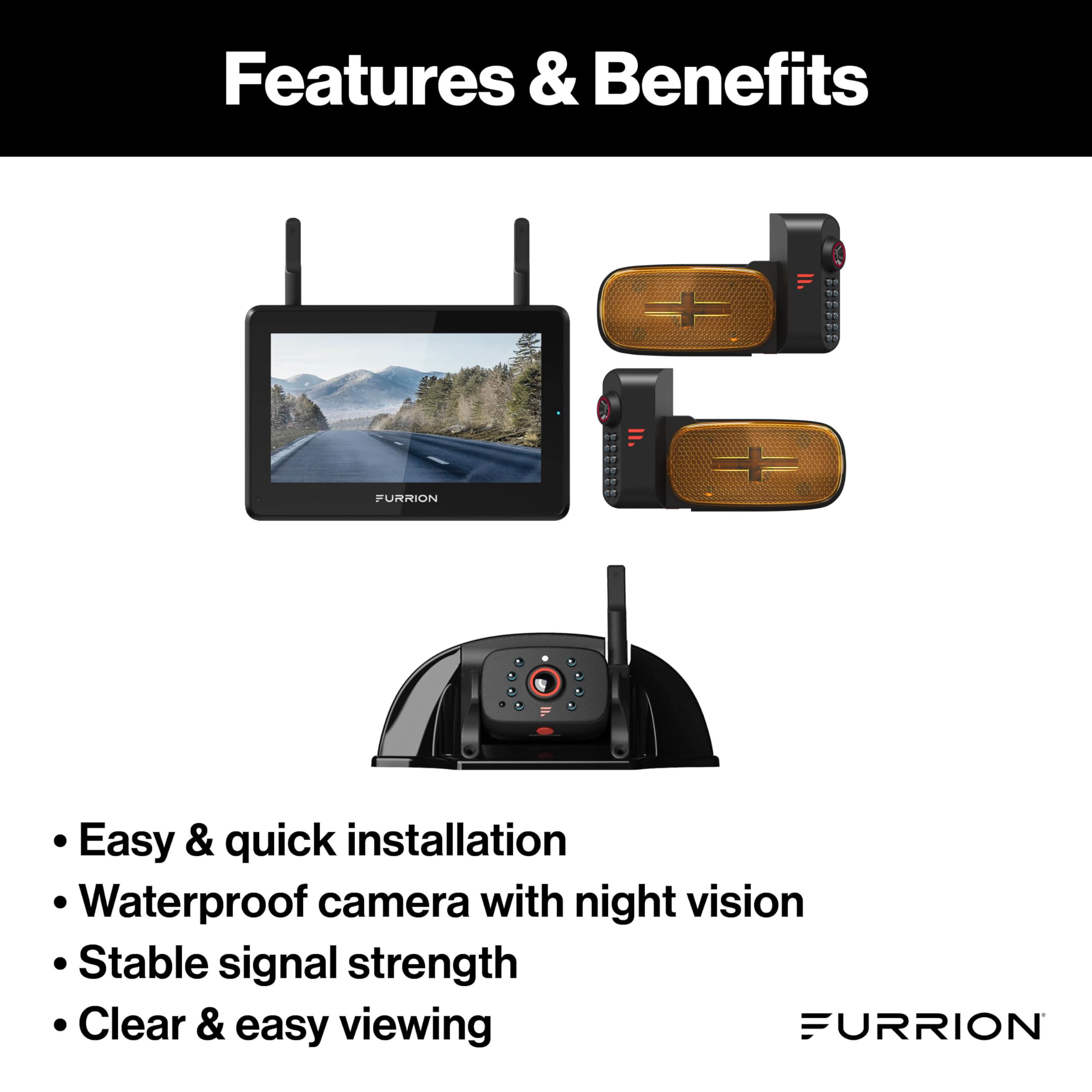 Furrion Vision S+ Observation System RV with 7" Monitor, Left/Right Side Cameras, LED Marker Lights, Sharkfin, Infrared Night Vision, Live Streaming, Wide Viewing Angle - FOS7HTAEN