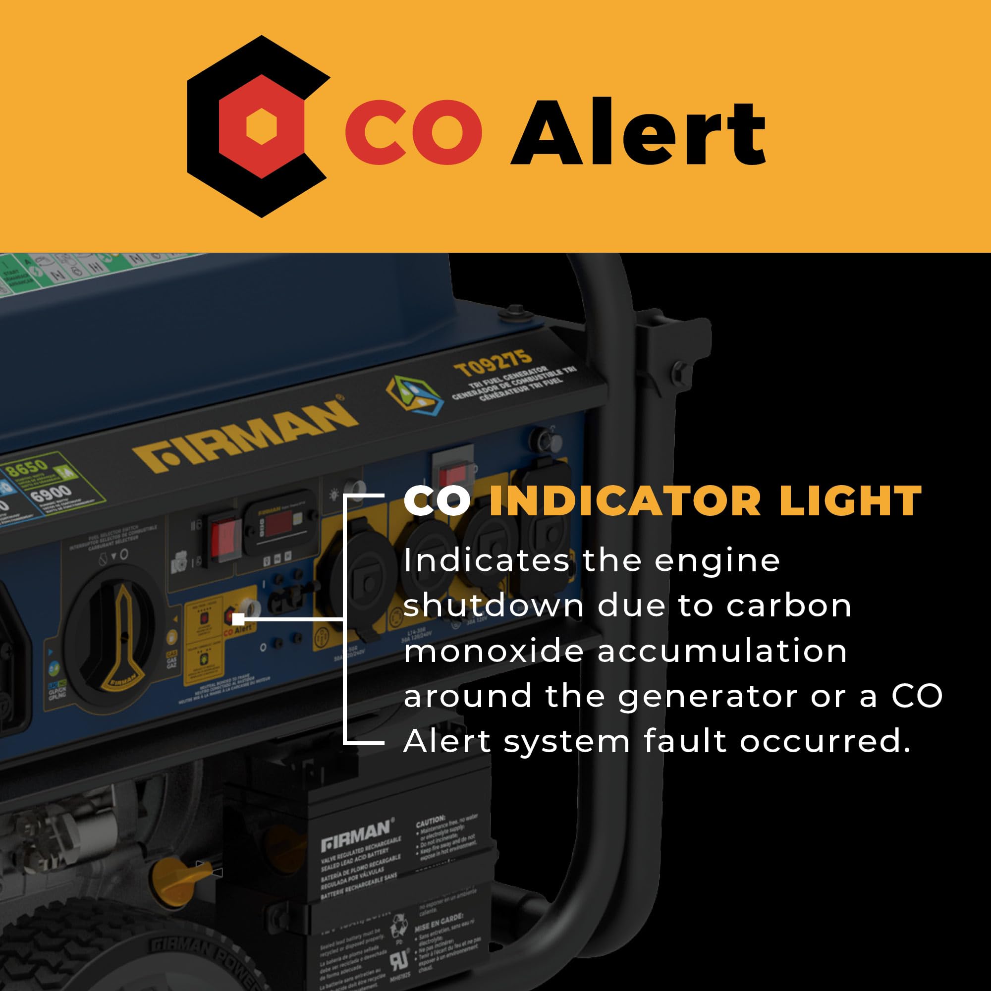 FIRMAN Tri Fuel T09275 Portable Generator, 11400W Electric Start, 120V/240V, CO Alert, 459cc Engine, 9-Gallon Tank, 11 Hrs Runtime, Wheel Kit, Ideal for Home Backup, RV, Camping & Emergency Power