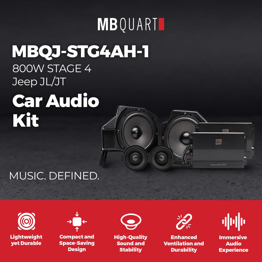 MB Quart 800W MBQJ-STG4AH-1 Stage 4 Jeep JL/JT Car Audio Upgrade Kit with Amplifier, 4-Speaker Set, Tweeters, Door Midrange & Full Range Power System