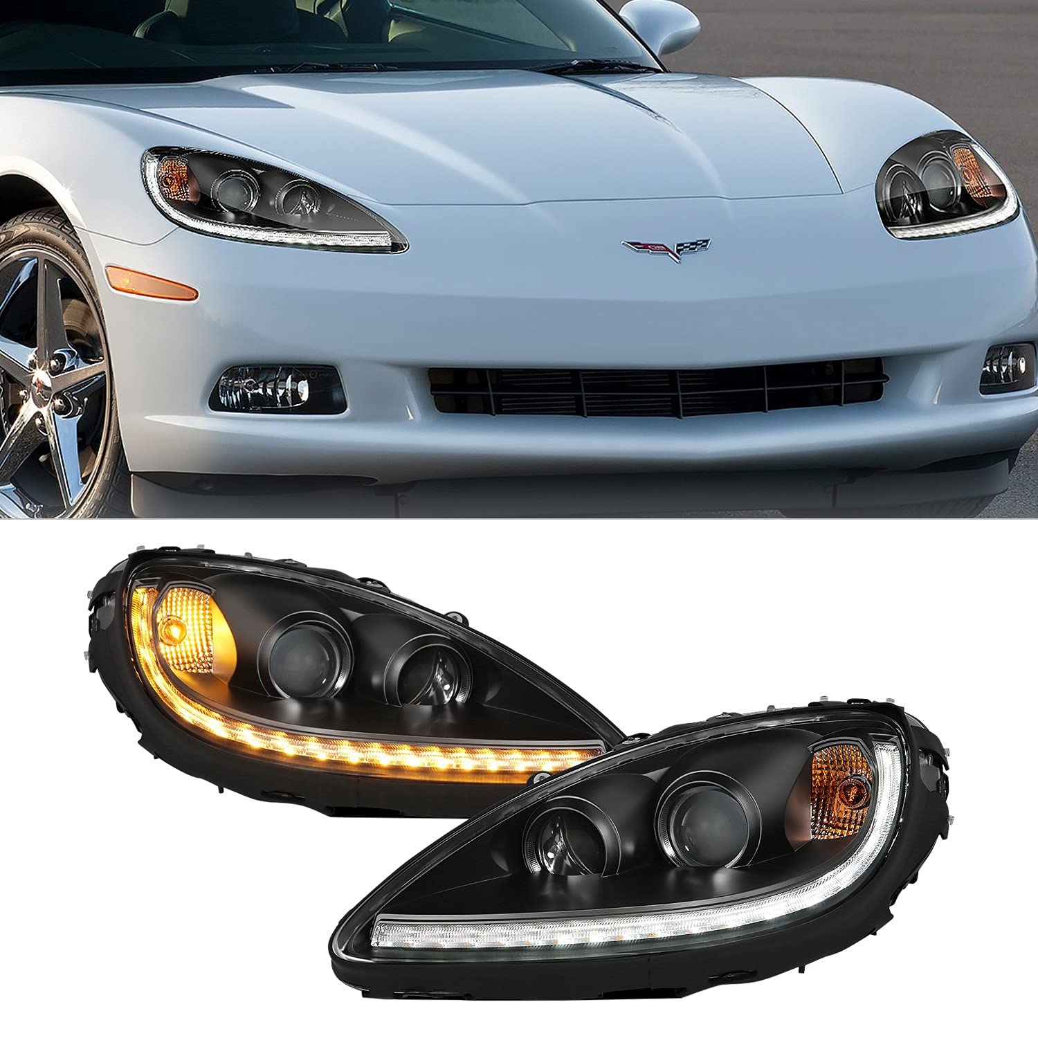 2005-2013 Chevy Corvette ANZO (121553) Projector Plank Style Switchback H.L. Black Amber