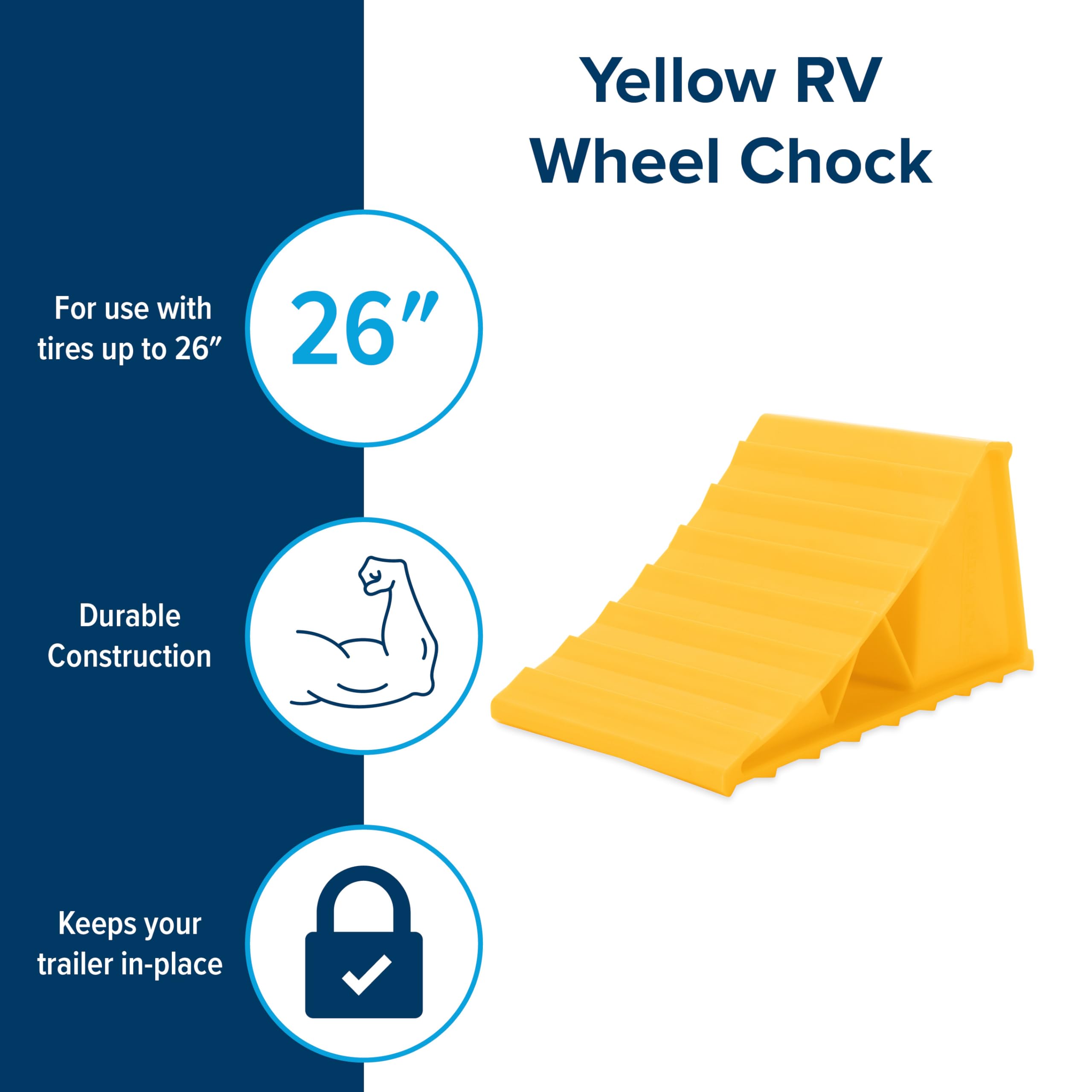 Camco Wheel Chock Standard for Trailers & RVs - Heavy Duty Trailer Wheel Chock Constructed of Durable Plastic w/UV inhibitors - for Use w/Tires Up to 26-inches - Re-Hitch in Confidence - 44412