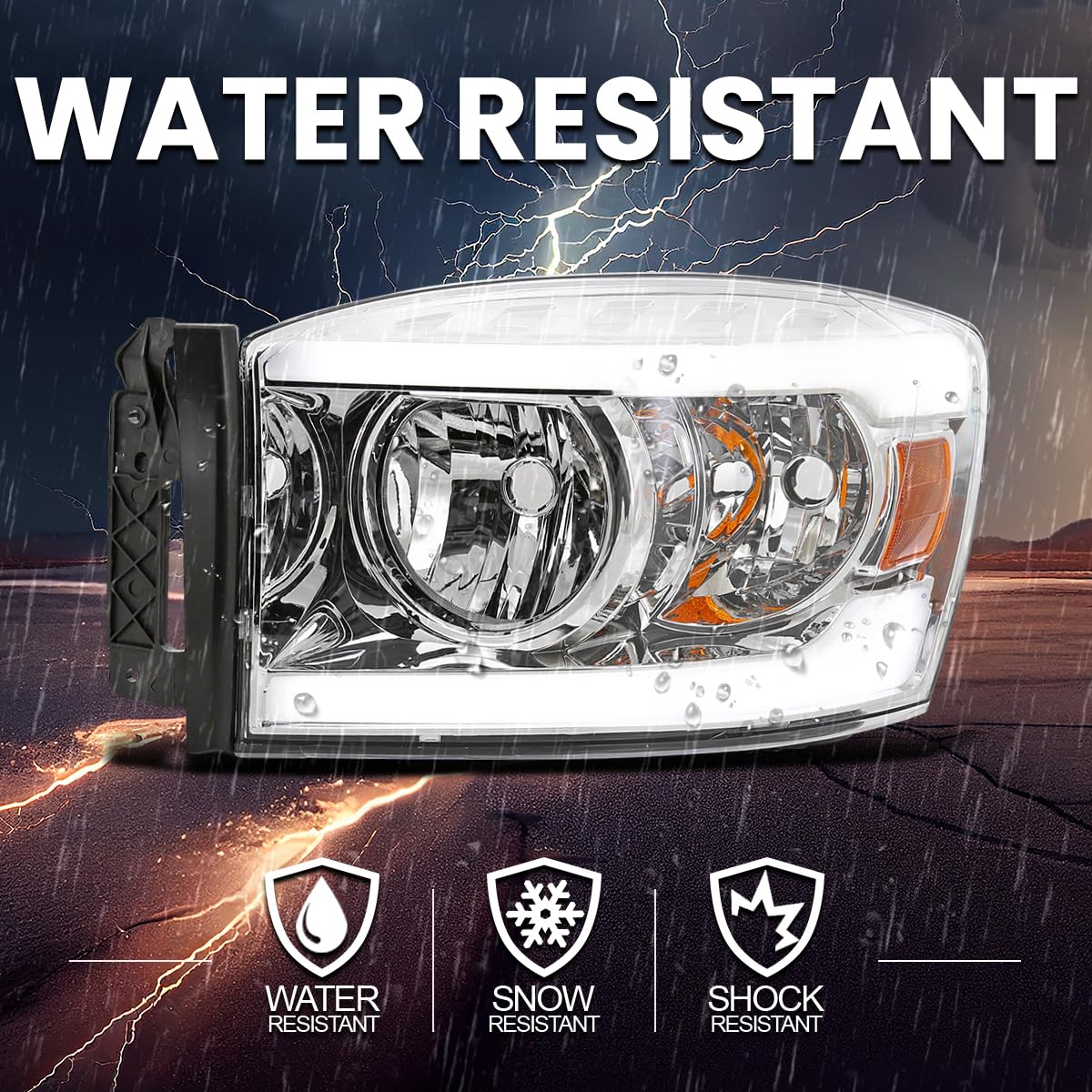 Chrome Headlights SPEC-D TUNING w/LED Bar Compatible with 2006-2008 Dodge Ram 1500/2500 / 3500, 2007-2009 Dodge Ram 2500/3500, Left + Right Pair Headlamps Assembly