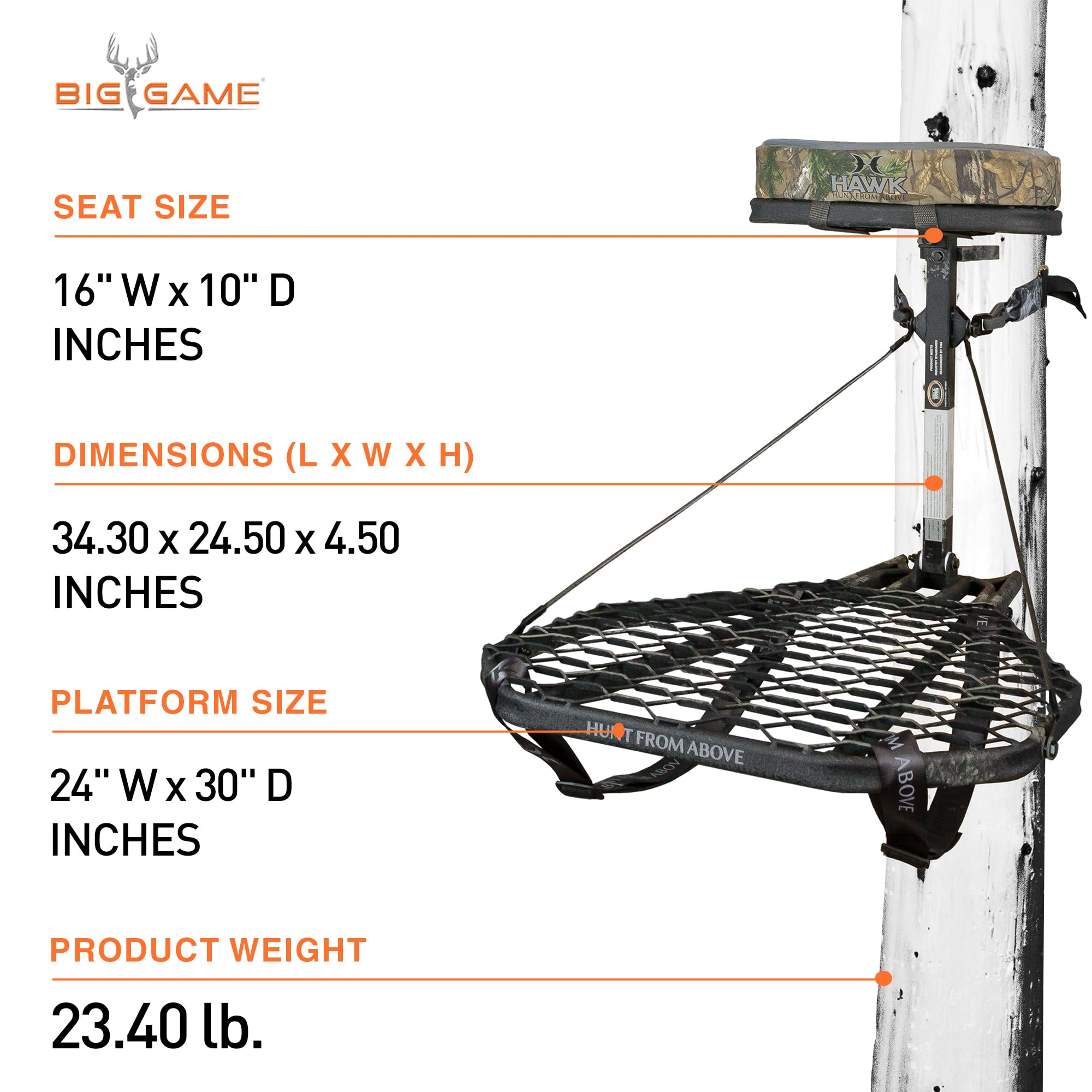 Mega Hawk Combat 1-Piece Hang-On Big Game/Shooting/Hunting Steel Tree Stand with 24"x30" XL Rock-Solid Platform