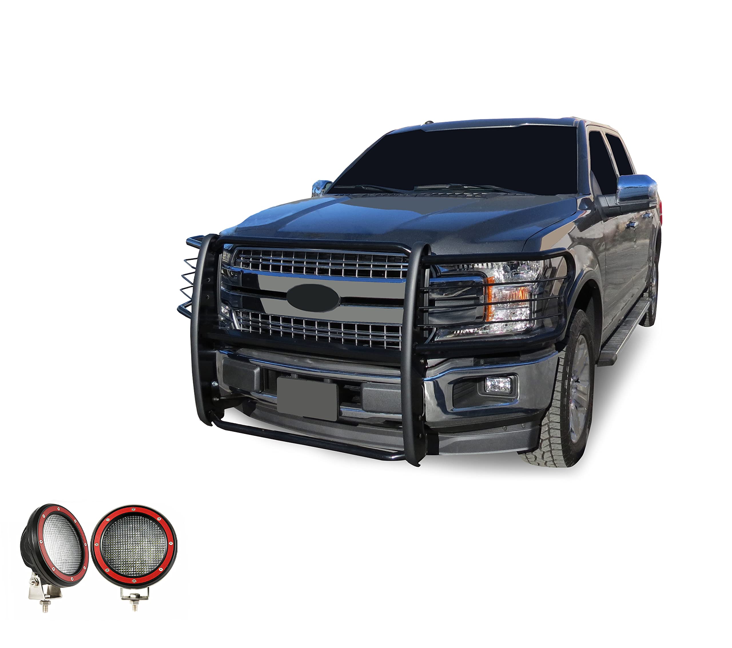 Bumper Guard Black Horse Grille brush Modular Come With Pair of 5.3" Dia.LED Lights with Red Trim Rings Compatible with 2015-2024 Ford F-150-17FP32MA-PLFR