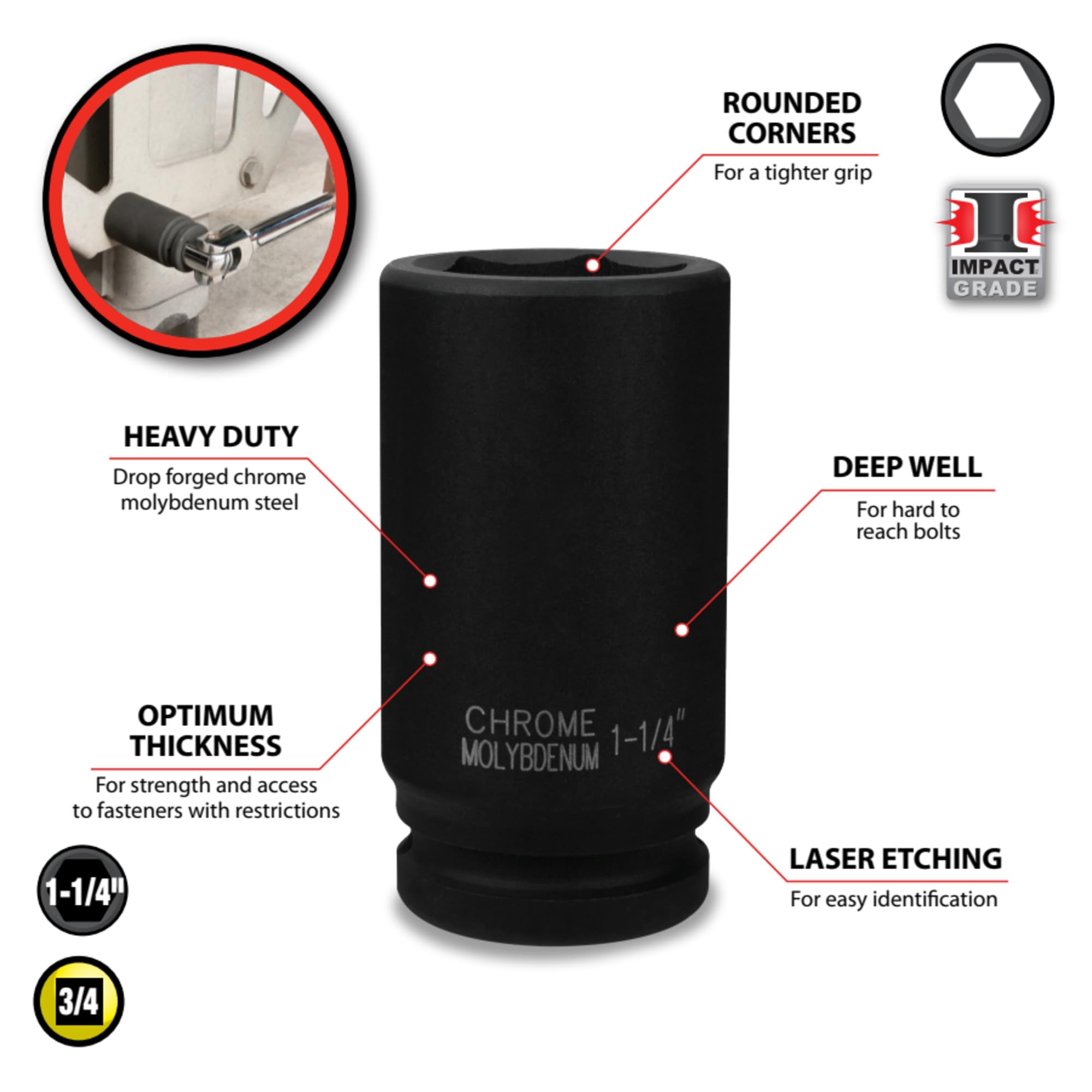 M742-40 Performance Tool 3/4-Inch Drive 1-1/4-Inch Deep Wall Impact Socket for Heavy-Duty Fastening Tasks and Automotive Repairs