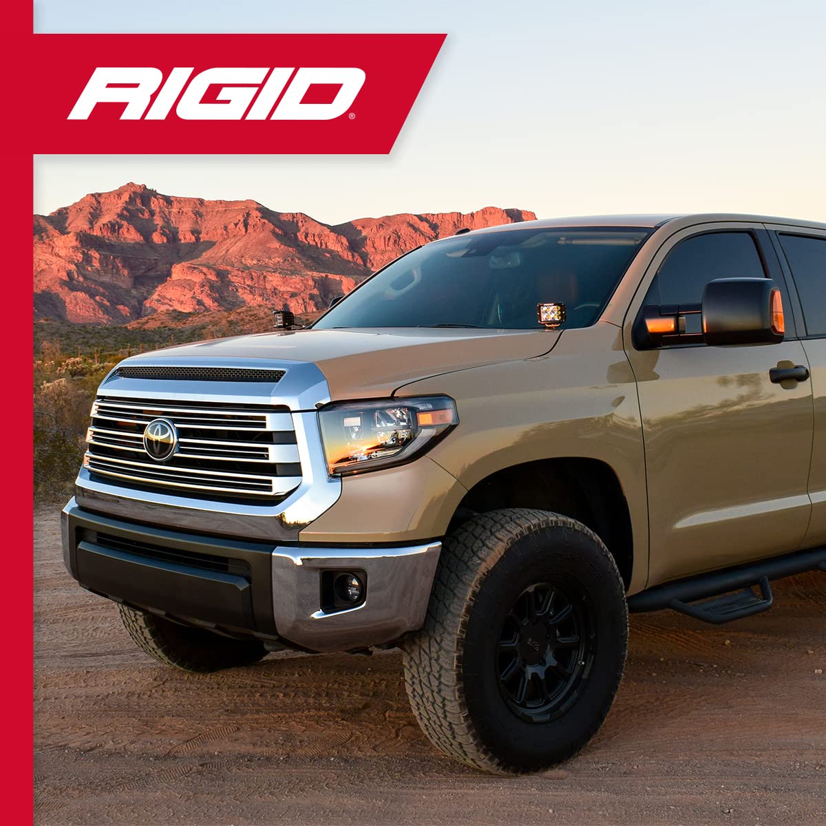 A-Pillar Light Kit RIGID INDUSTRIES, Fits the 2014 – 2020 Toyota Tundra (2 A-Pillar Mounting Brackets, 2 D-SS PRO Series Flood Lights, 2 Black Light Covers, 2 Amber Light Covers, 1 Wiring Harness)