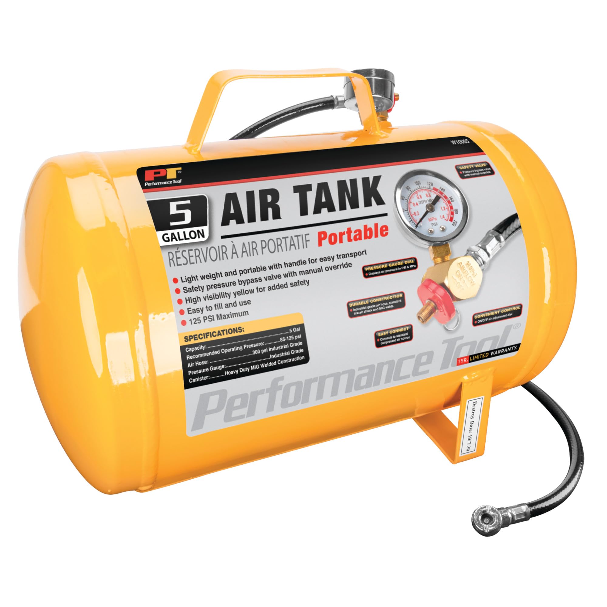 Hi-viz Performance Tool W10005 5-Gallon Horizontal Portable Air Tank With Tire Air Chuck, Yellow