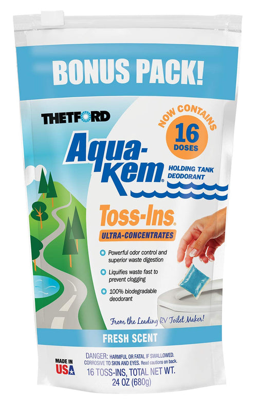 Aqua-KEM Toss-Ins Fresh Scent RV Holding Tank Treatment - Deodorant/Waste Digester/Detergent - Pack of 16 - Thetford 96561