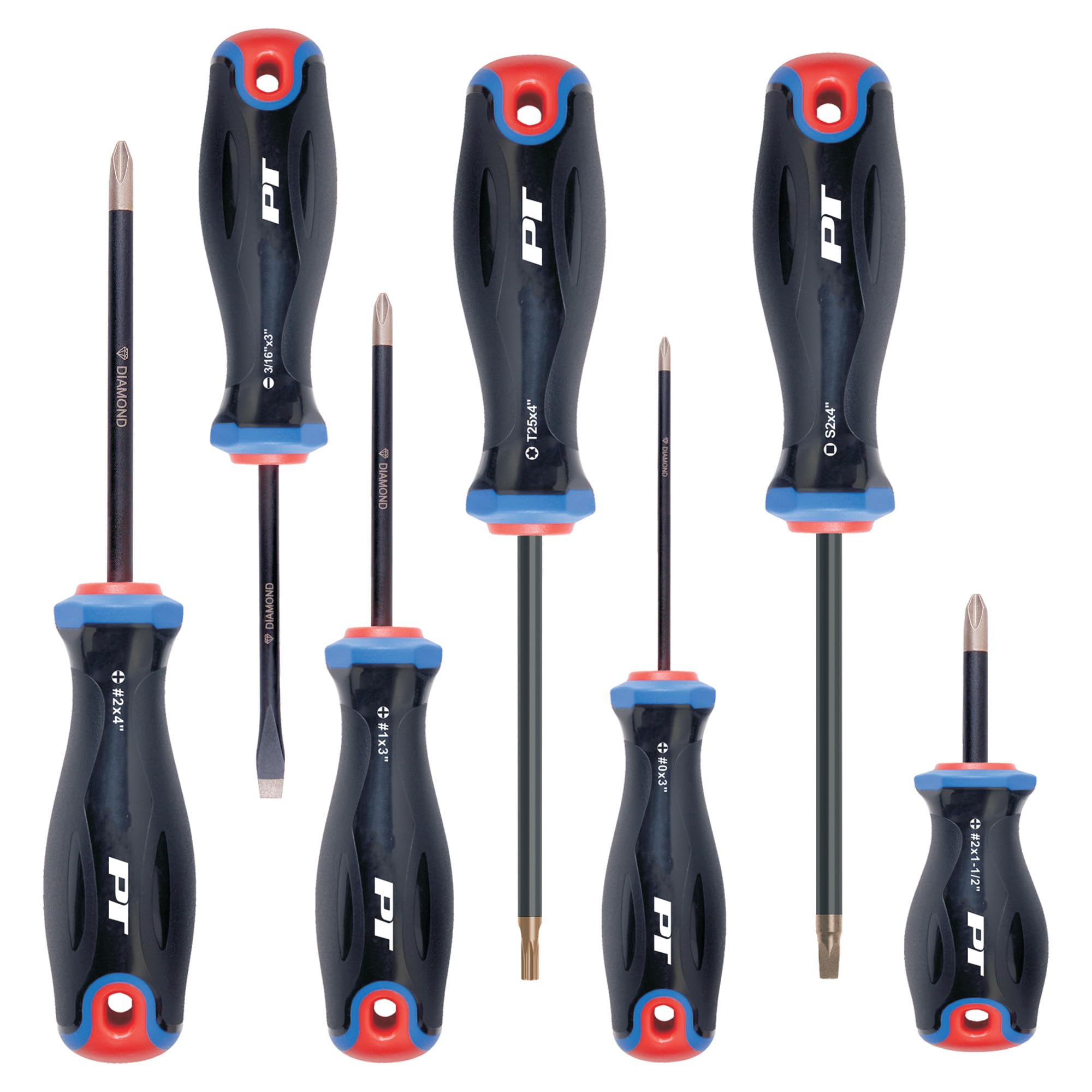 W1743 Performance Tool 7-Piece Diamond Tip Screwdriver Set, Diamond Coating to 2x Grip, Chrome Vanadium with Black Phosphate Finish, Triple-Injected Thermoplastic Elastomer Handle, Magnetic Tips