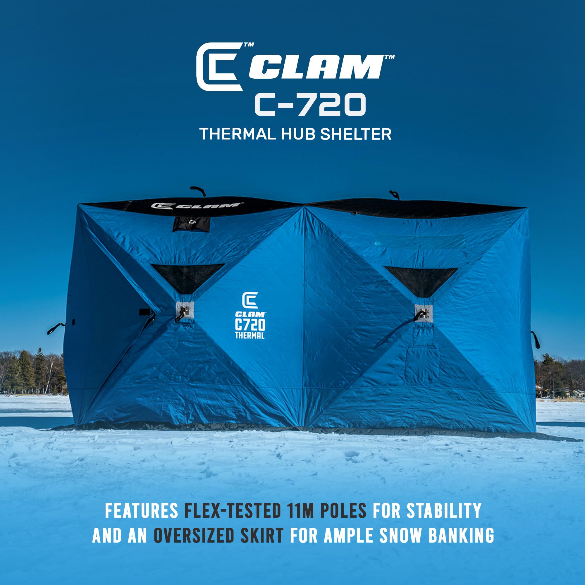Clam C-720 Portable 2-6 Person 6 x 12 Foot Pop-Up Ice Fishing Angler Double Thermal Hub Shelter Tent with Anchors, Tie Ropes, and Carrying Bag