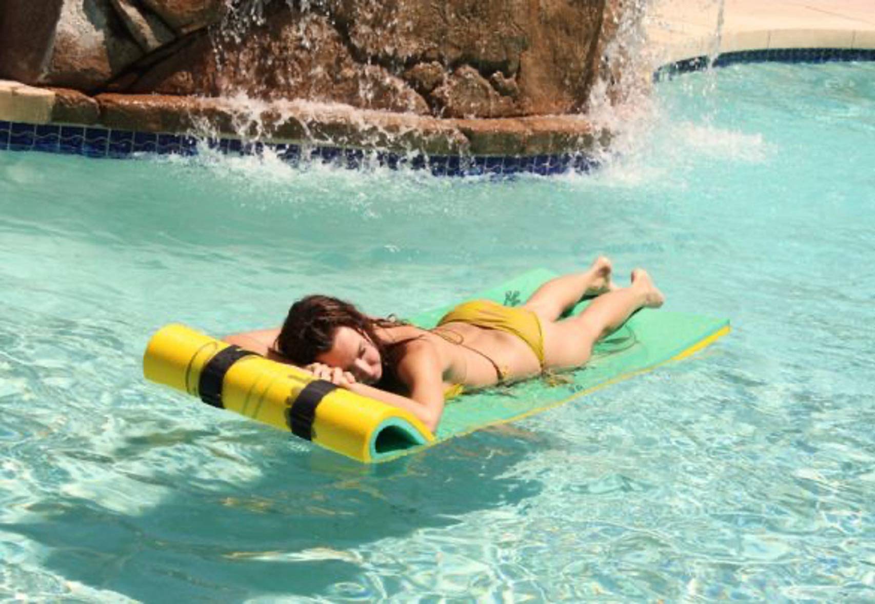 Aqua Lily Pad 85 x 24 Inch Single Adult Tadpole Floating Foam Pool Lounger Water Blanket Table Bed Mat with Pillow Straps & Storage Bag, Green/Yellow