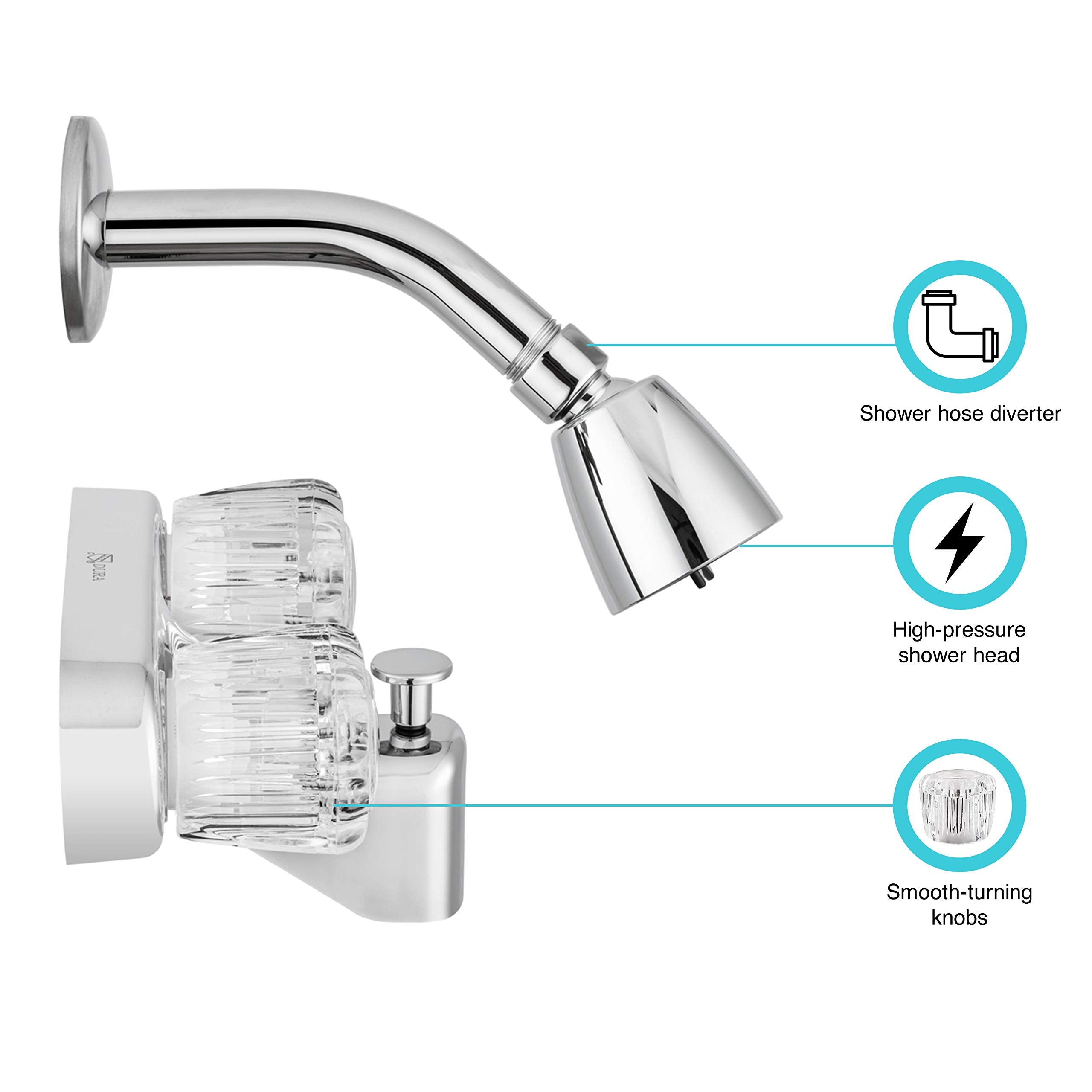 Dura Faucet Shower Faucet Economical with Diverter, Shower Head with Arm, Crystal Acrylic Knobs (Chrome Polished)