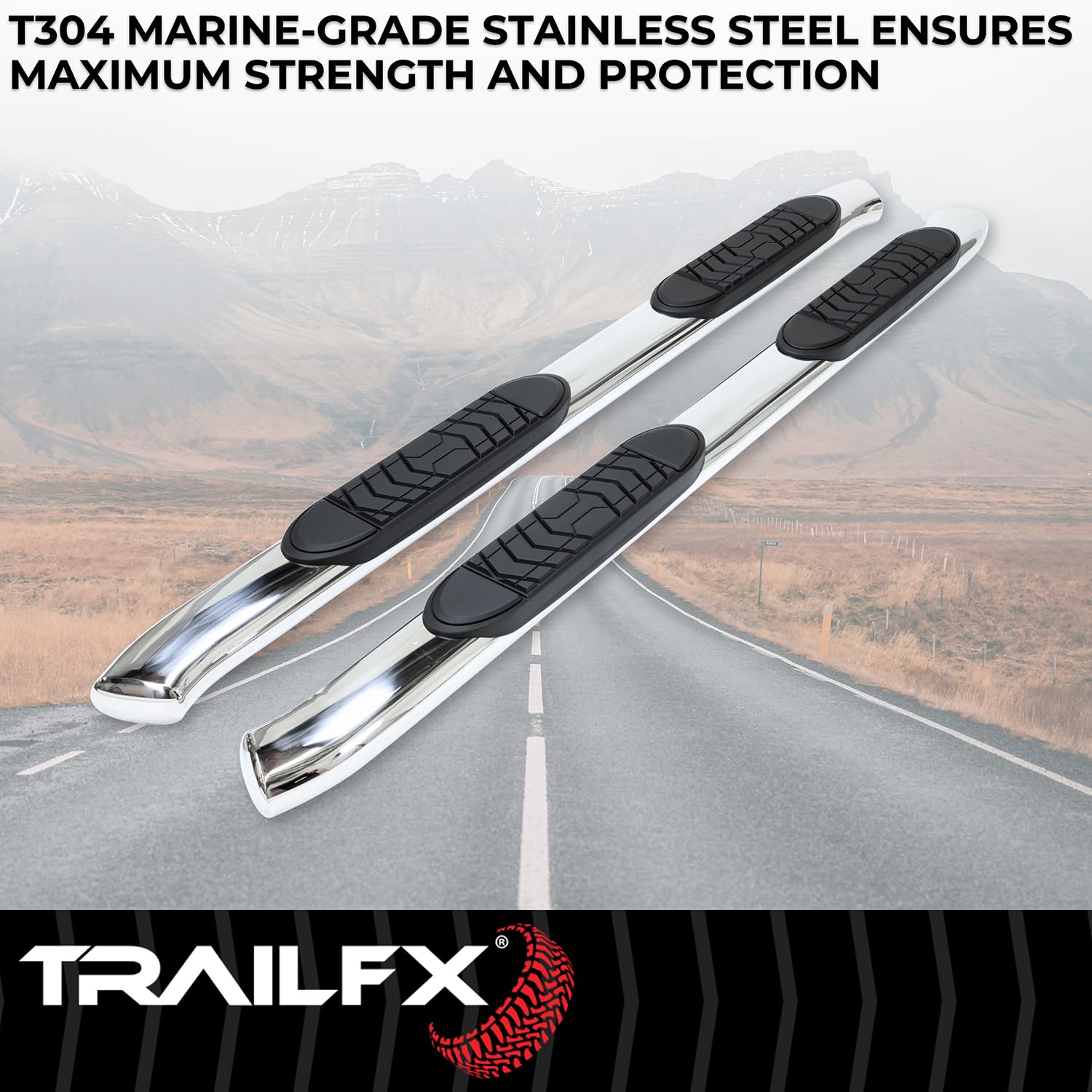 Running Boards TrailFX Fits Ford Ranger SuperCrew 2019-2023 Polished Stainless Steel 5 Inch Oval BentSide Steps with Step Pads Welded End Caps Rocker Panel Mount