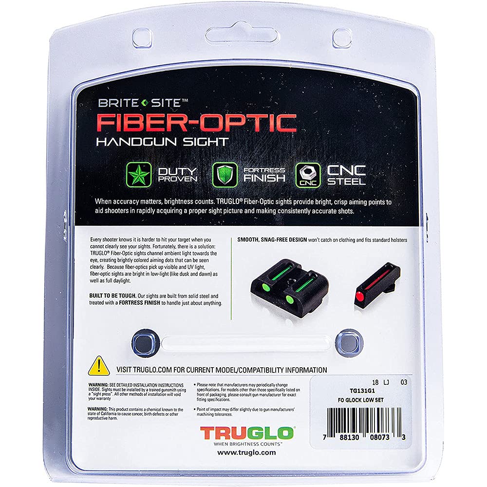 Fiber-Optic TRUGLO Handgun Night Sight | Compact Durable Snag-Resistant High-Visibility Red Front & Green Rear Sight, Compatible with Glock Low Handguns