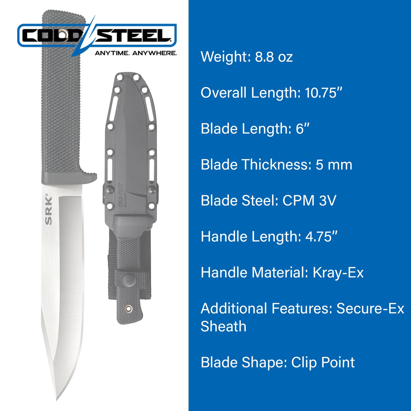 6" COLD STEEL SRK CPM 3V Clip Point Razor-Sharp Blade 4.75" Durable Kray-Ex Handle Tactical Fixed Blade Knife w/Secure-Ex Sheath
