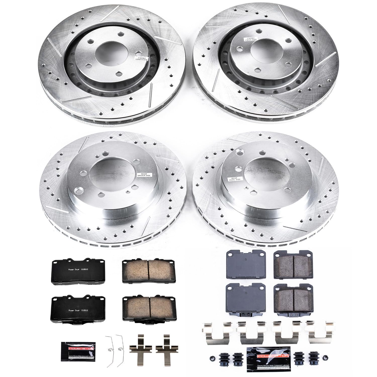 Power Stop K1224 Z23 Carbon Fiber Brake Pads Front and Rear with Drilled & Slotted Brake Rotors Kit For Dodge Stealth 1994-1996, Mitsubishi 3000GT 1994-1999 [Model Specific]