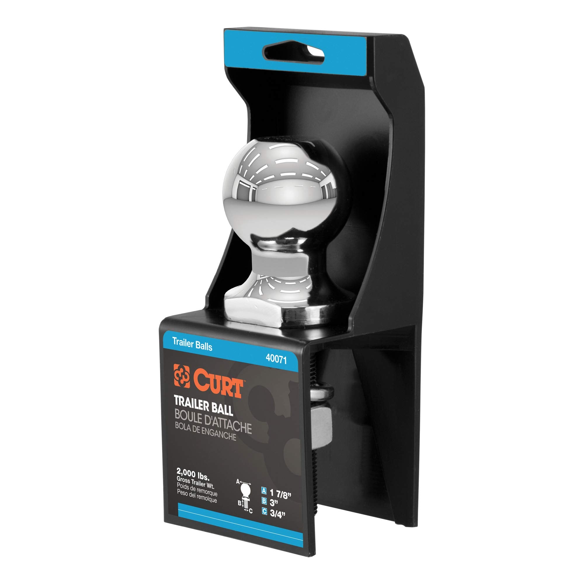 CURT Chrome Trailer Hitch Ball 40071, 2,000 lbs, 1-7/8-Inch Diameter, 3/4 x 3-Inch Shank