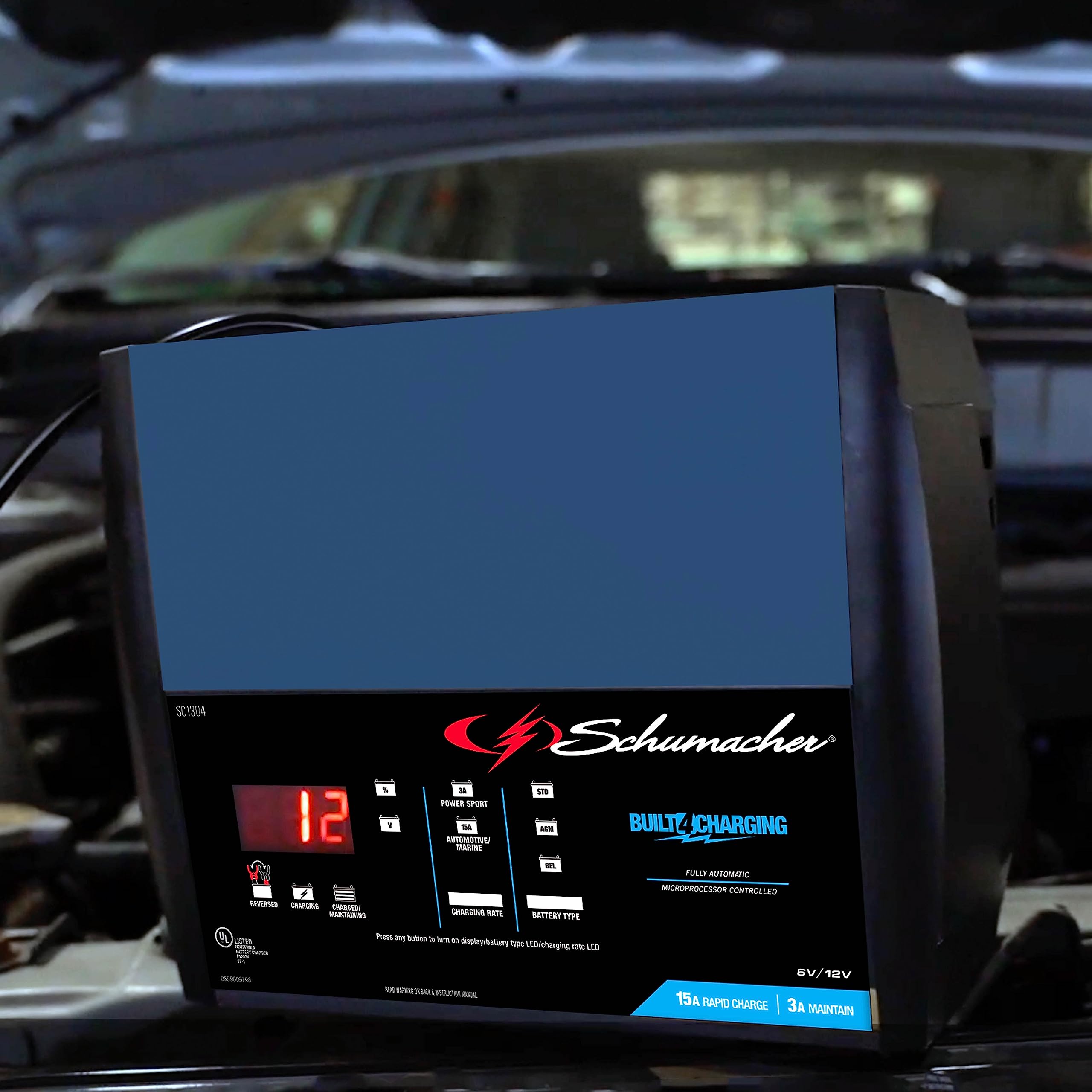2-in-1 Schumacher Electric Rapid Battery Charger and Maintainer, SC1304 - Fully Automatic, 15 Amps, 12 Volt and 6 Volt, for Motorcycle, Power Sport, Marine, Car, and Truck Batteries