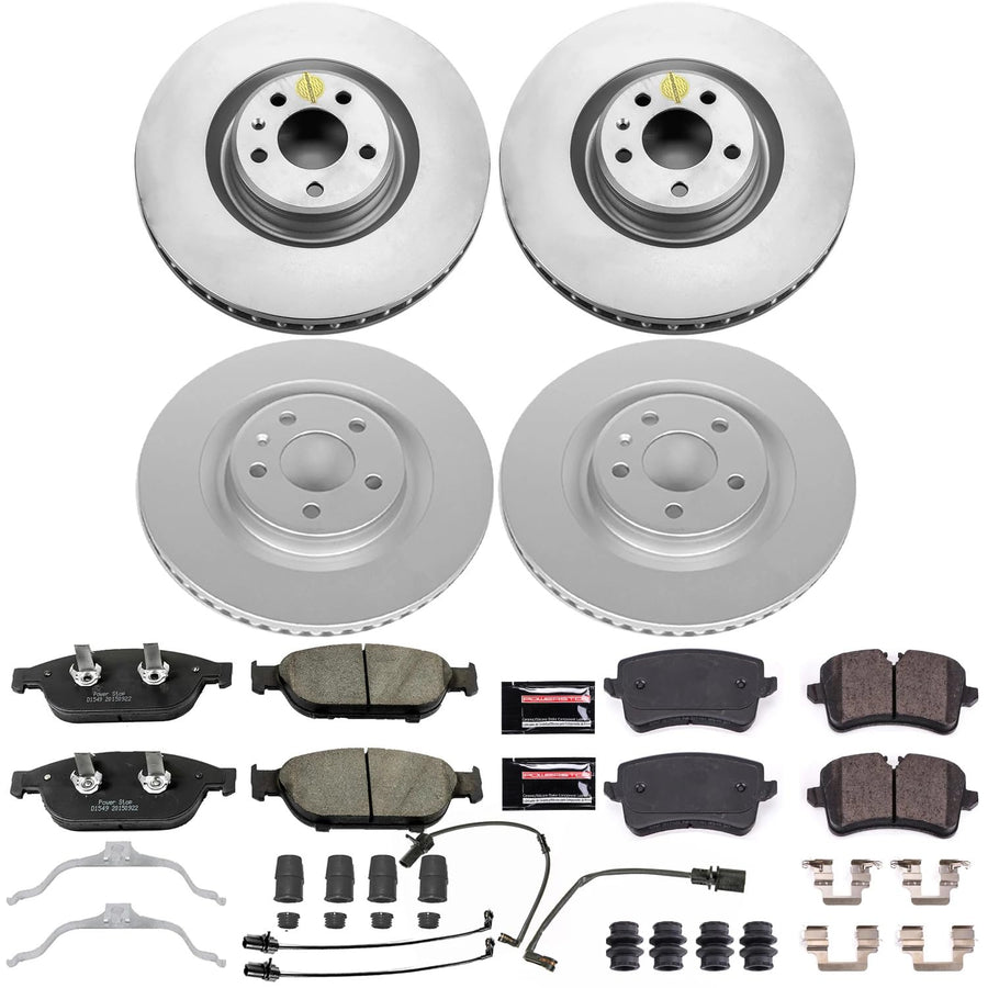 Power Stop CRK6130 Brake Rotor Coated and Ceramic Brake Pads- Front & Rear and 1 Front & 1 Rear Sensor Wires For Audi A6, Audi A6 Quattro, Audi A7 Quattro [Model Specific]