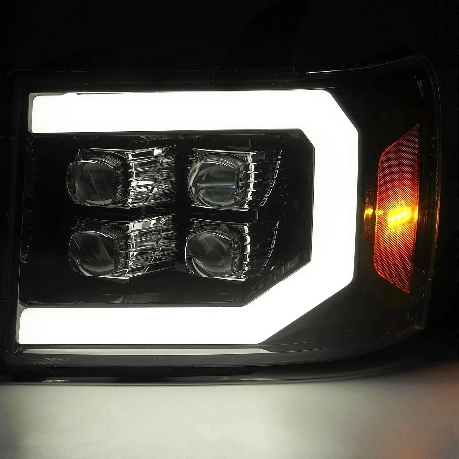 AlphaRex USA NOVA LED Proj Headlight 07-13 GMC 1500HD Plank Style Gloss Blk w/Activ Light/Seq Signal/DRL