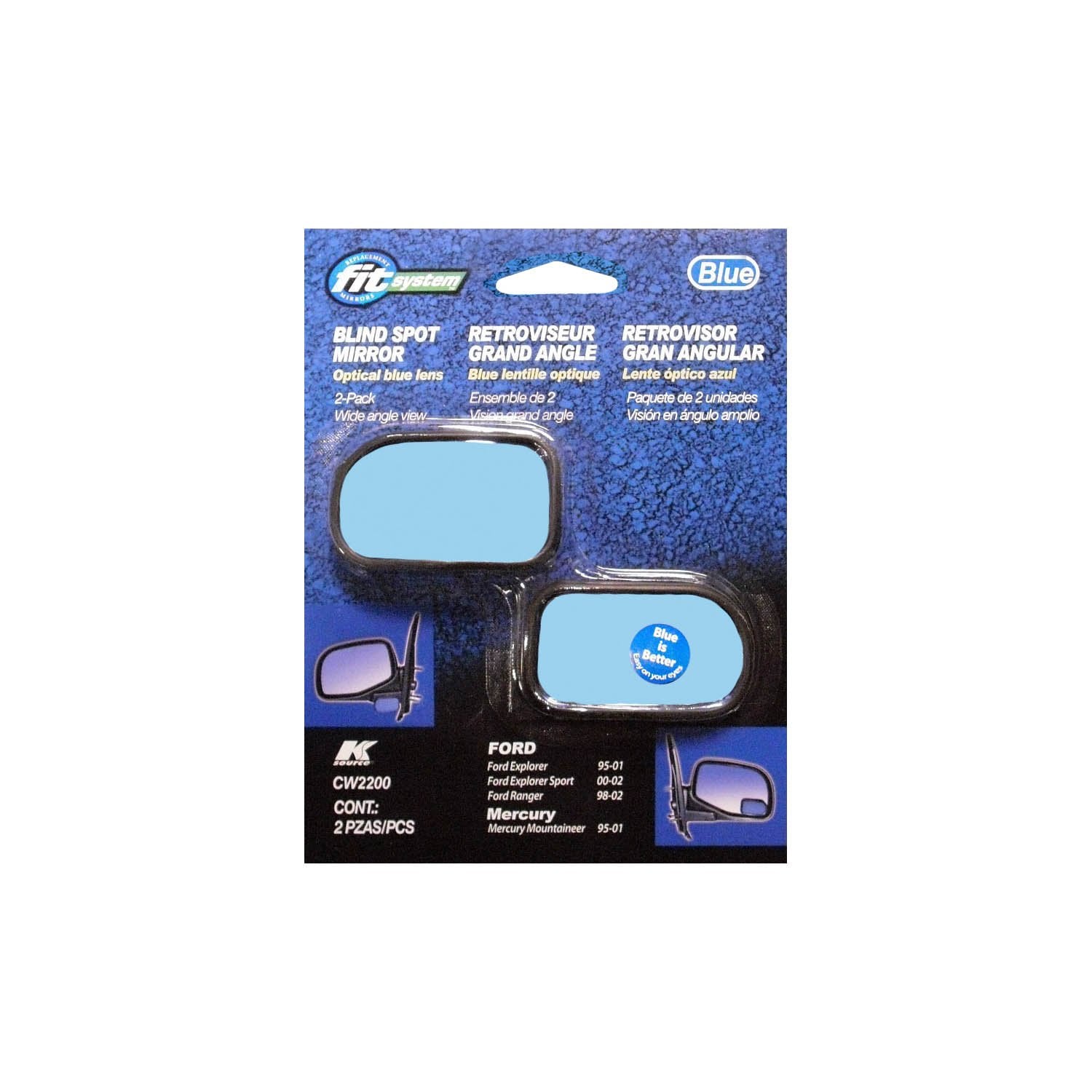 Fit System K Source 1995-2002 Explorer, Custom Ranger Blue Spot Mirror (2pcs), OEM Fit Replacement, Anti-Glare Convex Lens