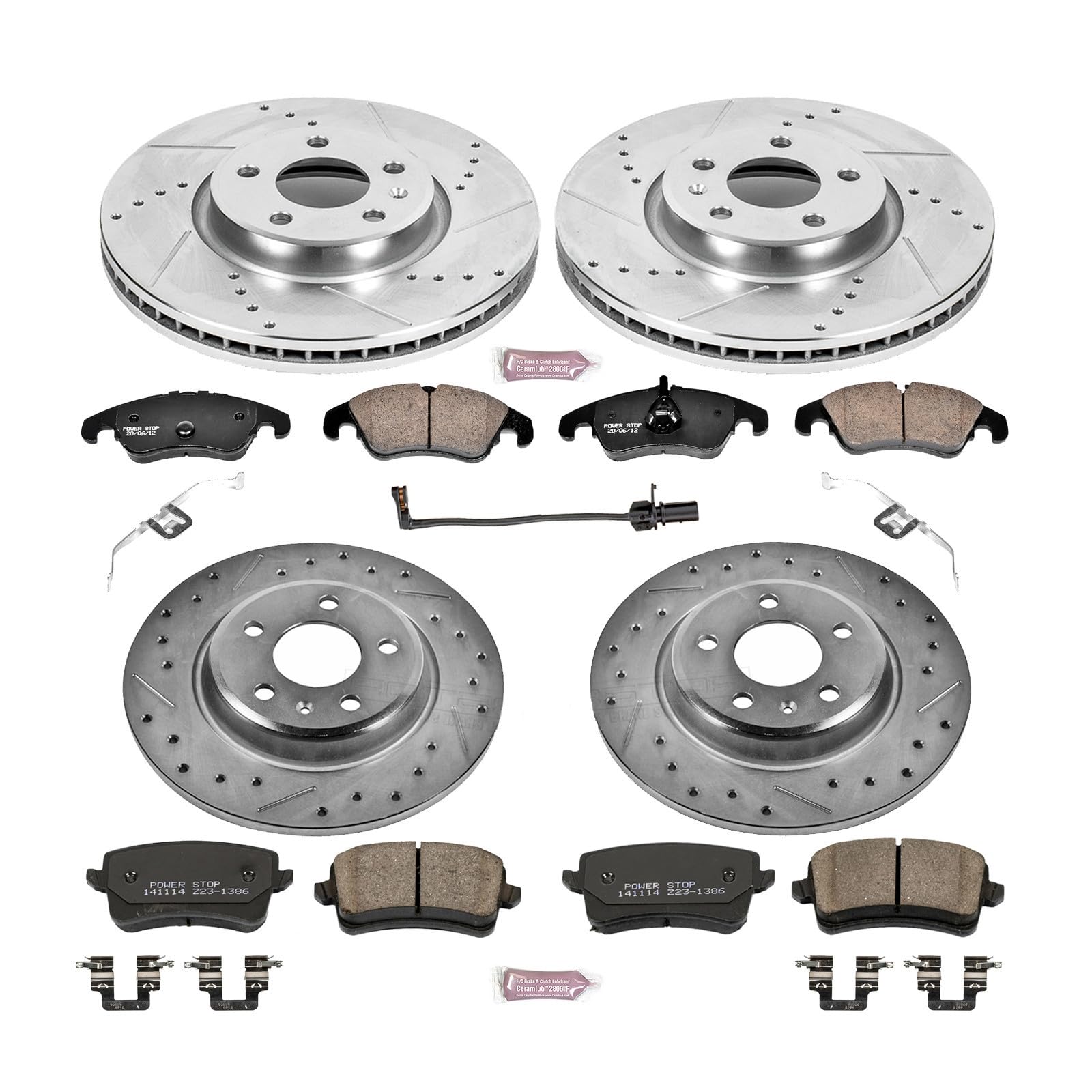 PowerStop Brake Kit Front & Rear For 2012-2016 Audi A4, 2012-2014 A5, 2012-2017 A5 Quattro, 2013-2016 allroad, 2011-2012 Q5 - Drilled & Slotted Disc Rotors with Ceramic Brake Pads Replacement, K6134