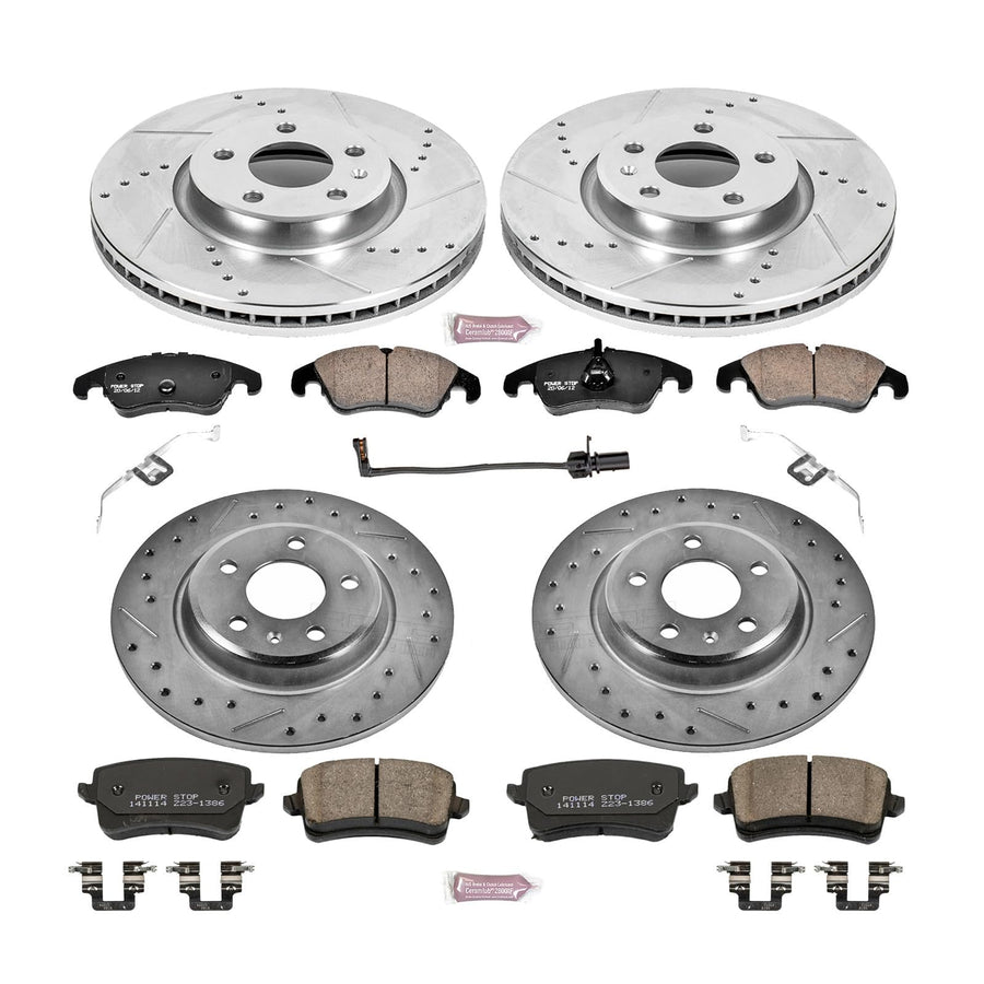 PowerStop Brake Kit Front & Rear For 2012-2016 Audi A4, 2012-2014 A5, 2012-2017 A5 Quattro, 2013-2016 allroad, 2011-2012 Q5 - Drilled & Slotted Disc Rotors with Ceramic Brake Pads Replacement, K6134