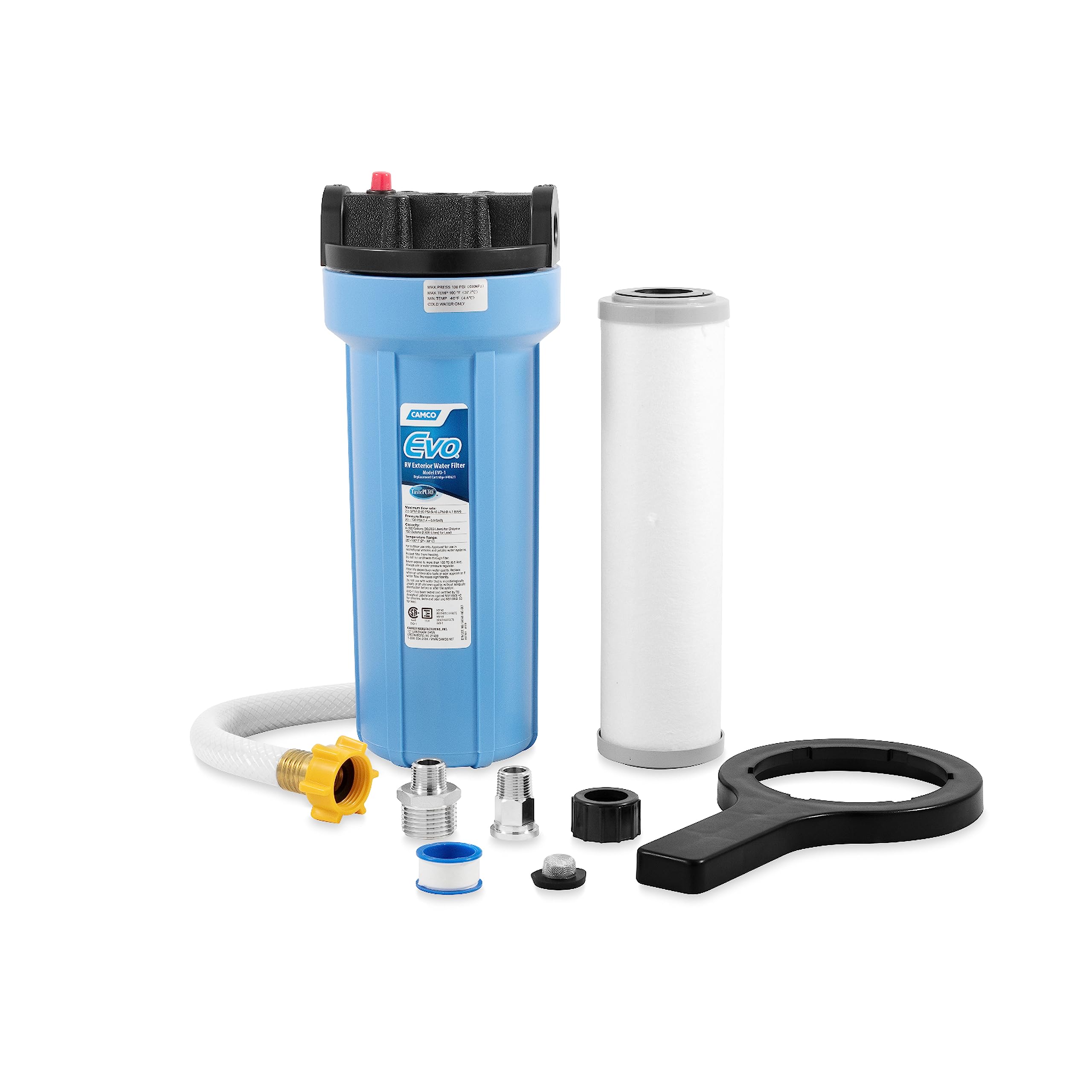Evo Camco RV Water Filter - Features Granulated Activated Carbon for Bacteria Control & a Replaceable Premium Spun Polypropylene Filter Cartridge - Camper Essentials for Clean Drinking Water (40631)