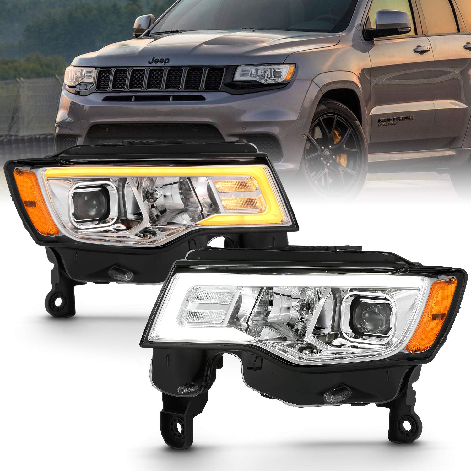 2017-2018 Jeep Grand Cherokee ANZO (111419) Projector Headlights w/Plank Style Switchback - Chrome w/Amber