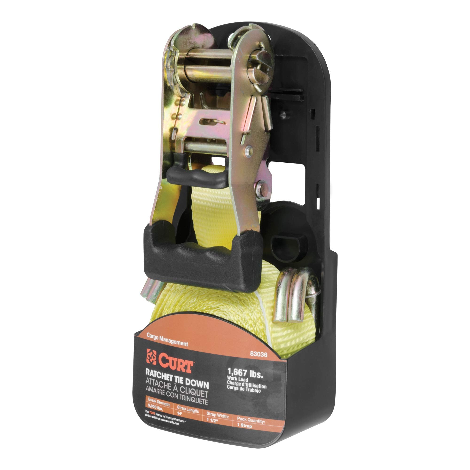 CURT 1-1/2-Inch x 14-Foot Yellow Nylon Ratchet Strap, 5,000 lbs. Break Strength 83036
