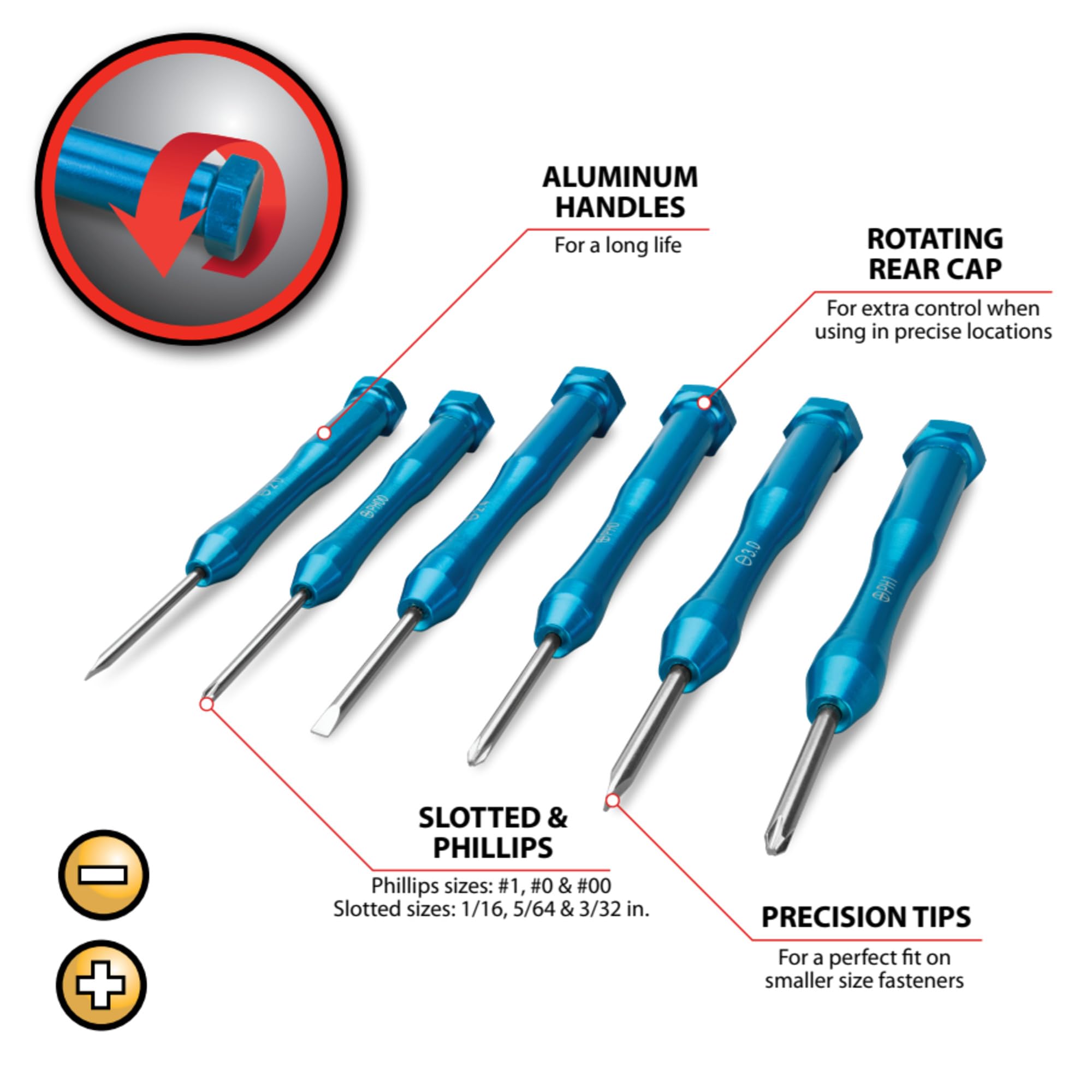 W80032 Performance Tool 6-Piece Aluminum Precision Screwdriver Set with Clear Case, 3 Slotted, 3 Phillips, Rotating Cap Aluminum Handles, Precision Ground Tips, Blue Anodized Aluminum Handles