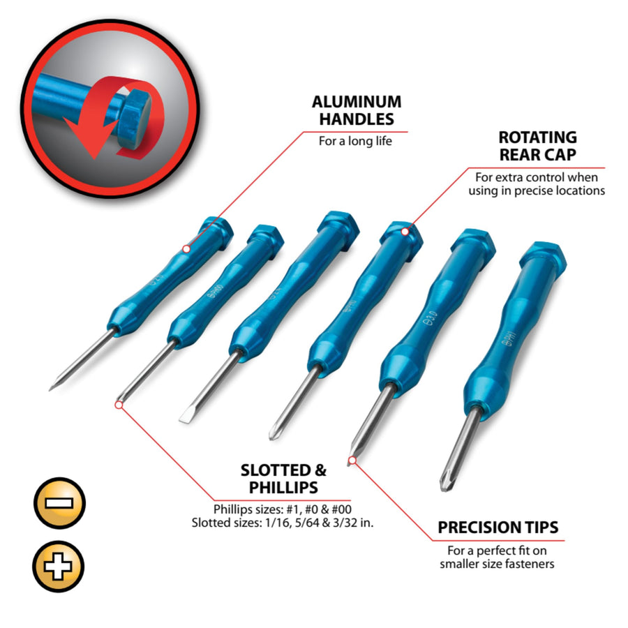 W80032 Performance Tool 6-Piece Aluminum Precision Screwdriver Set with Clear Case, 3 Slotted, 3 Phillips, Rotating Cap Aluminum Handles, Precision Ground Tips, Blue Anodized Aluminum Handles