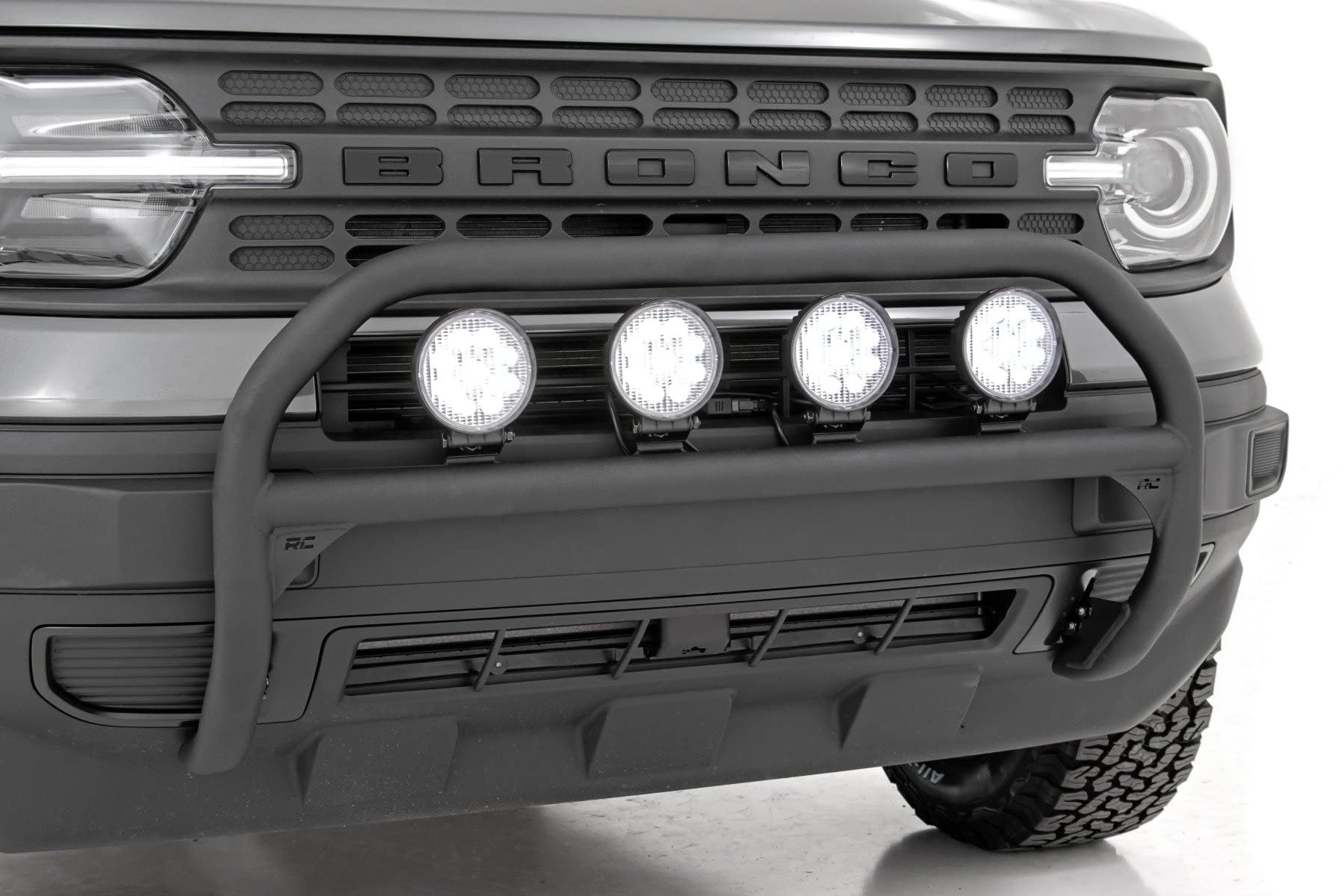 Rough Country Nudge Bar with 4" Round Quad LED Lights for Ford Bronco Sport (2021-2024) - Low Profile Bull Bar with 108W, 9640 Lumen LED Pods