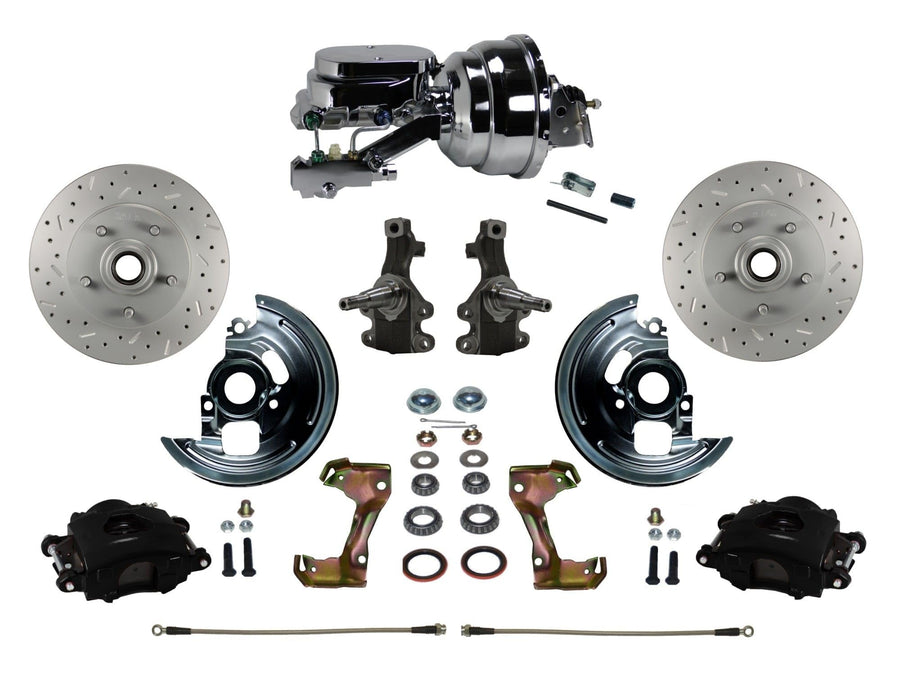 Power Front Disc Brake Kit LEED BRAKES 2" Drop Spindle Drilled And Slotted Rotors Black Powder Coated Calipers 8" Dual Chrome Booster Disc/Drum