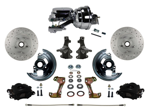 Power Front Disc Brake Kit LEED BRAKES 2" Drop Spindle Drilled And Slotted Rotors Black Powder Coated Calipers 8" Dual Chrome Booster Disc/Drum