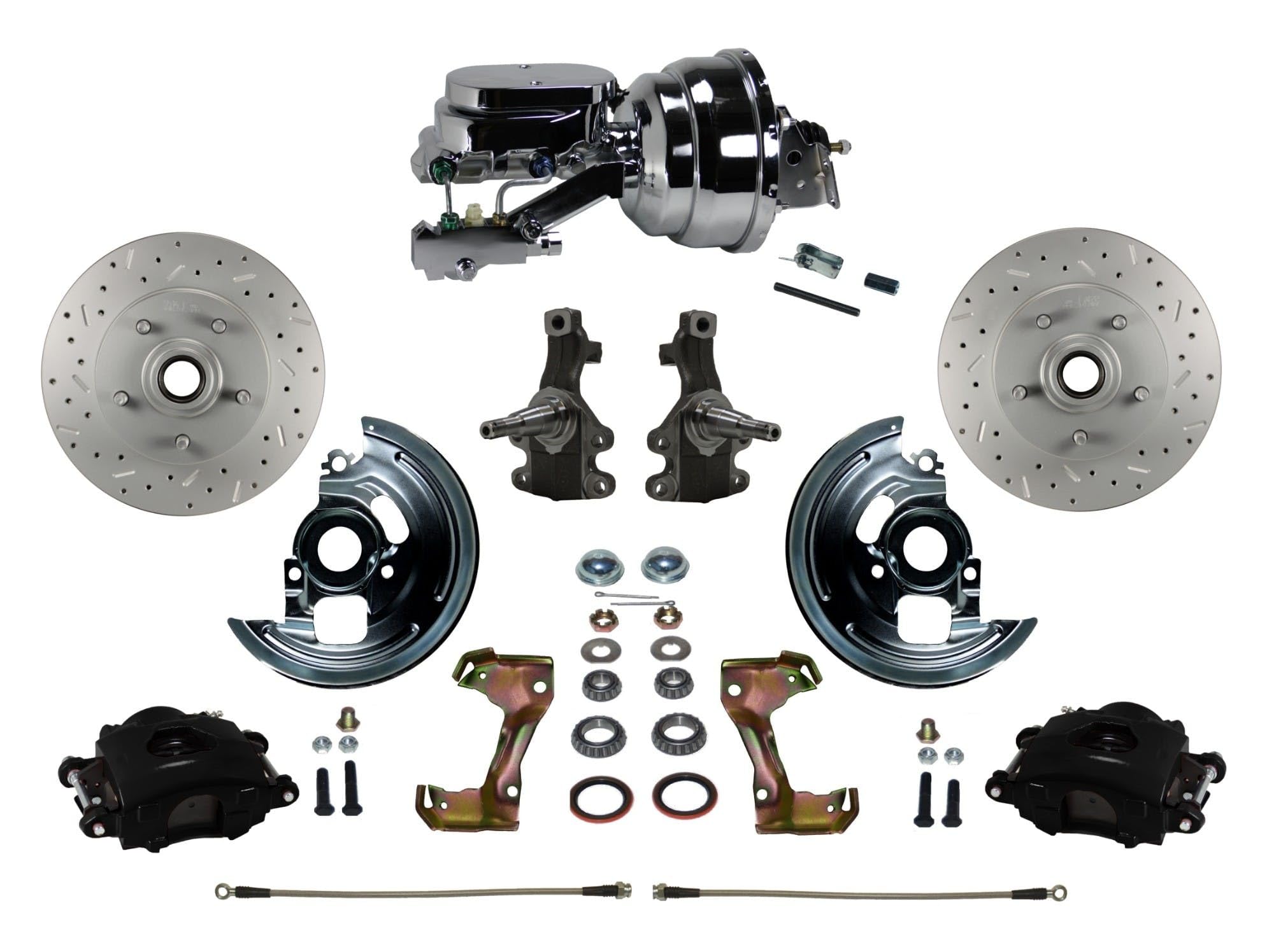 Power Front Disc Brake Kit LEED BRAKES Drilled And Slotted Rotors Black Powder Coated Calipers 8" Dual Chrome Booster Disc/Disc