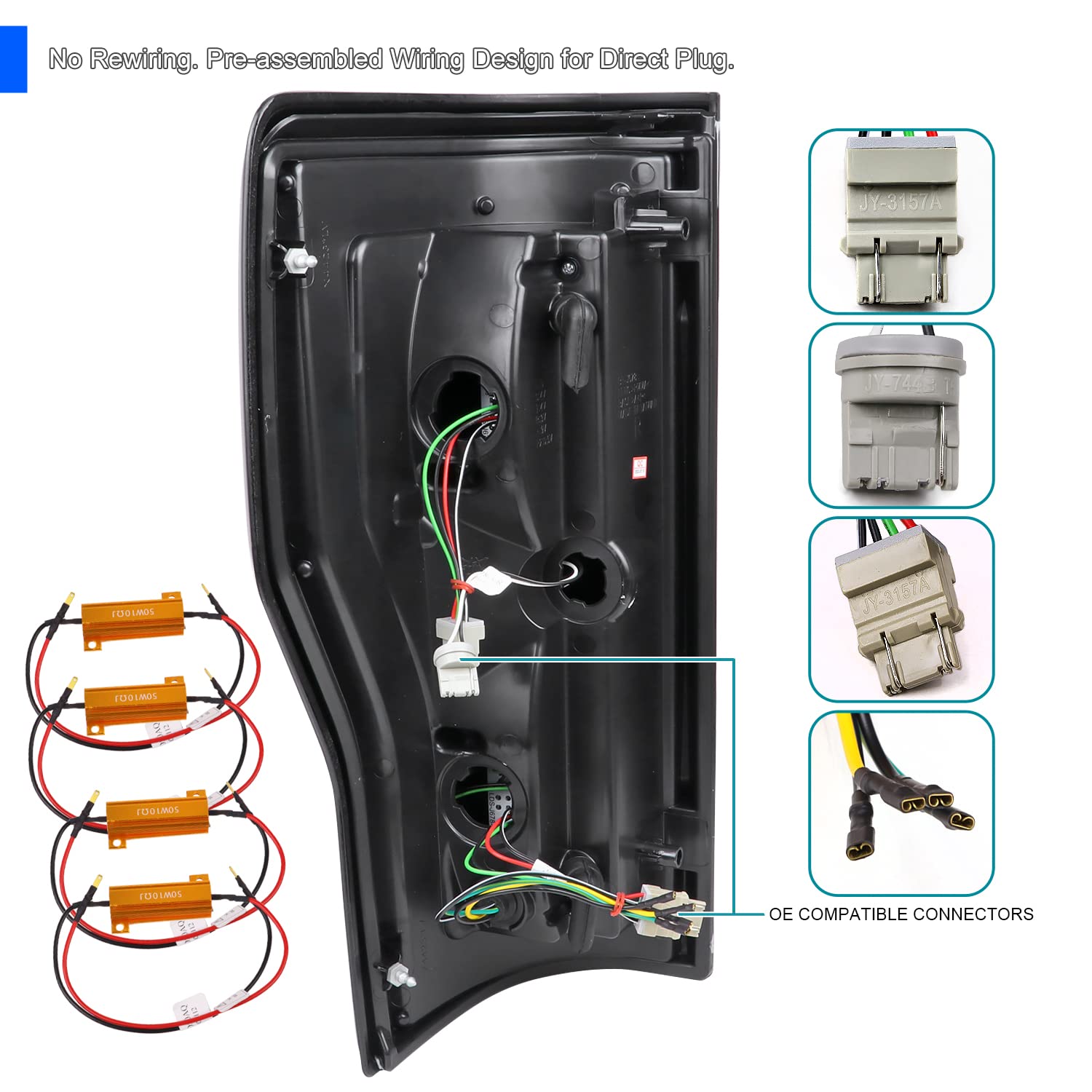 Glossy Black Smoke LED Tail Lights SPEC-D TUNING w/White LED Tube Compatible with 2017-2019 Ford F250/350/450/550, Left + Right Pair Tail Lamp Assembly